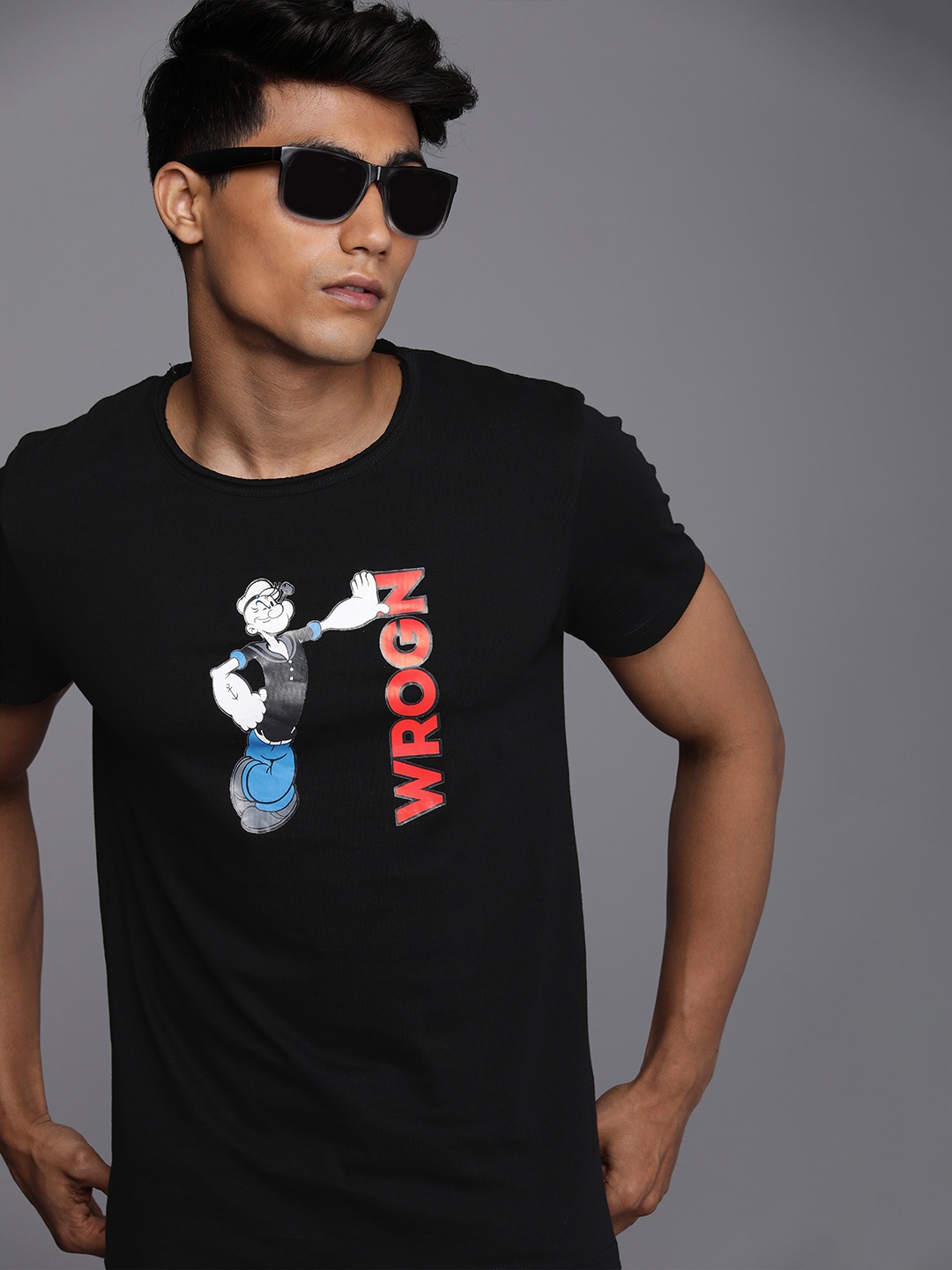 

WROGN X POPEYE Men Black Graphic Printed Slim Fit Casual T-shirt