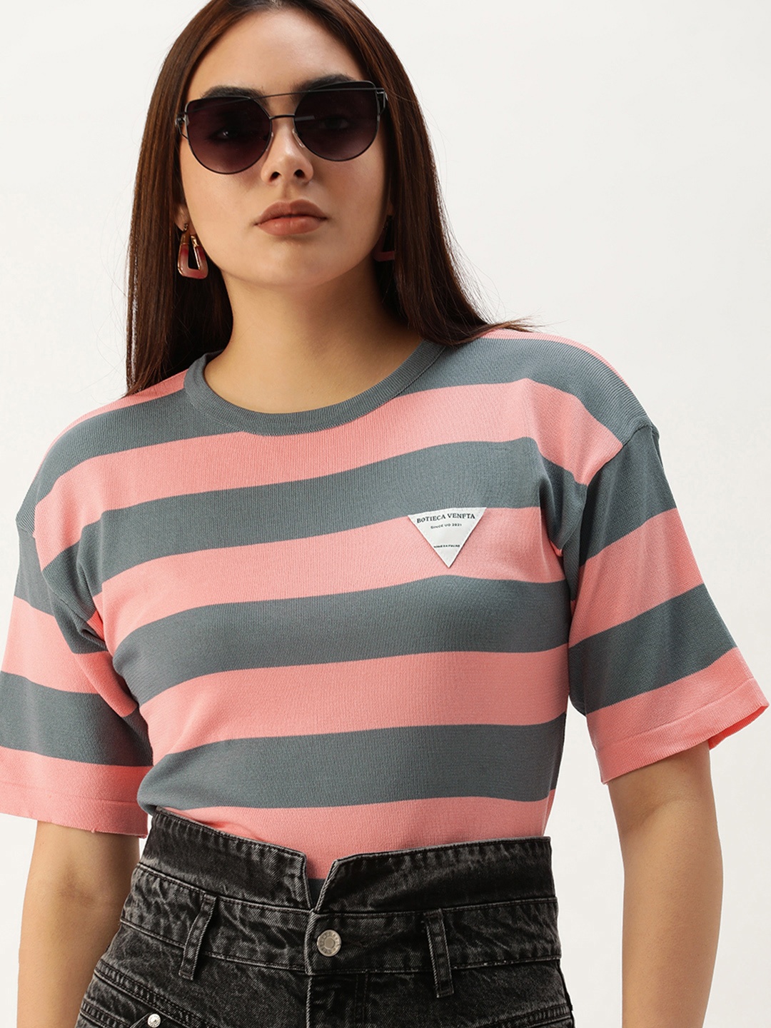 

SHECZZAR Women Peach-Coloured & Grey Striped Drop-Shoulder Sleeves T-shirt