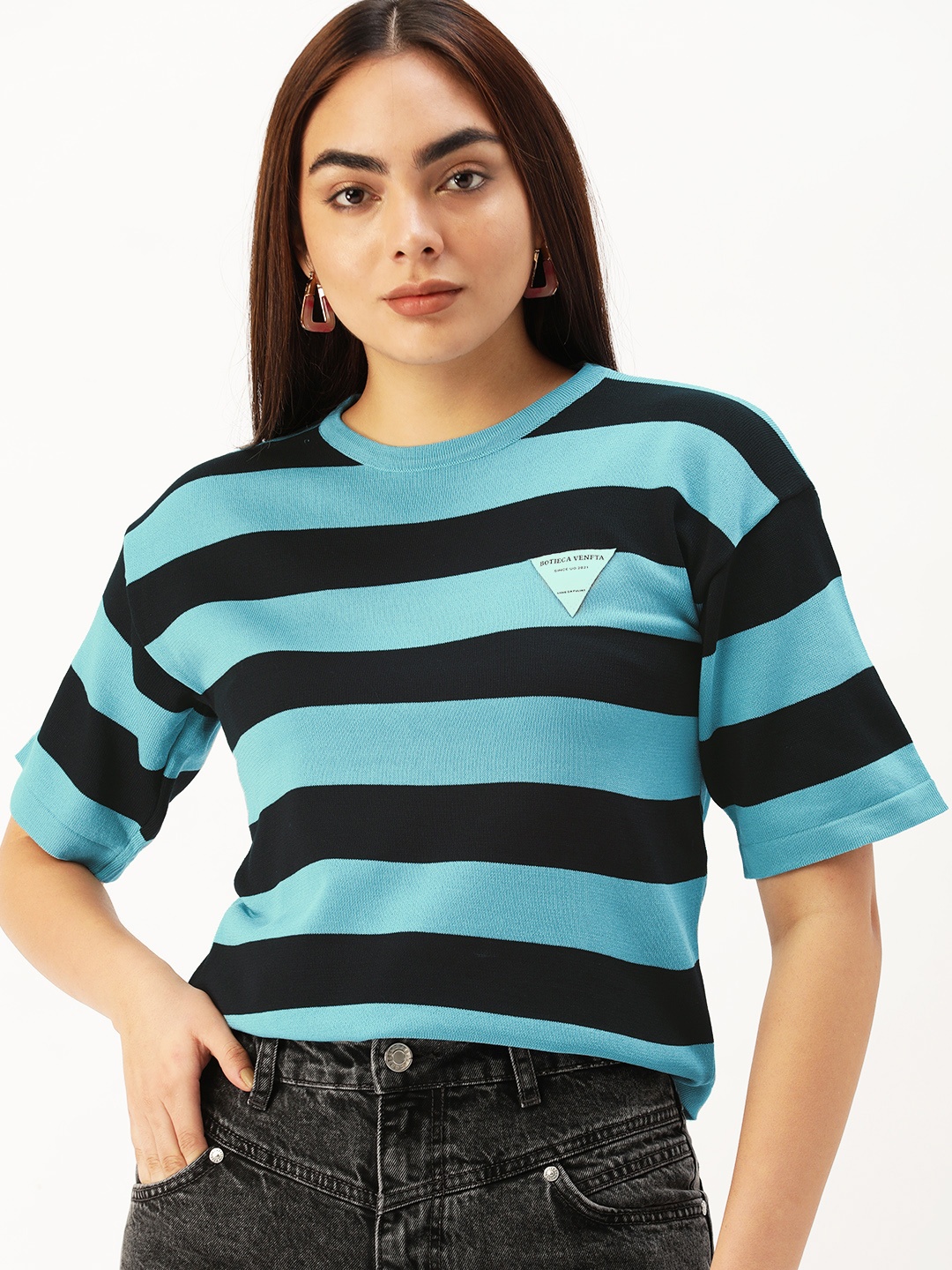 

SHECZZAR Women Black & Blue Striped Applique Detail T-shirt