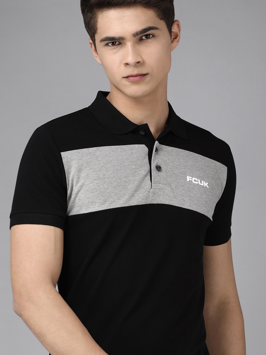 

French Connection Men Black & Grey Melange Colourblocked Polo Collar Pure Cotton T-shirt