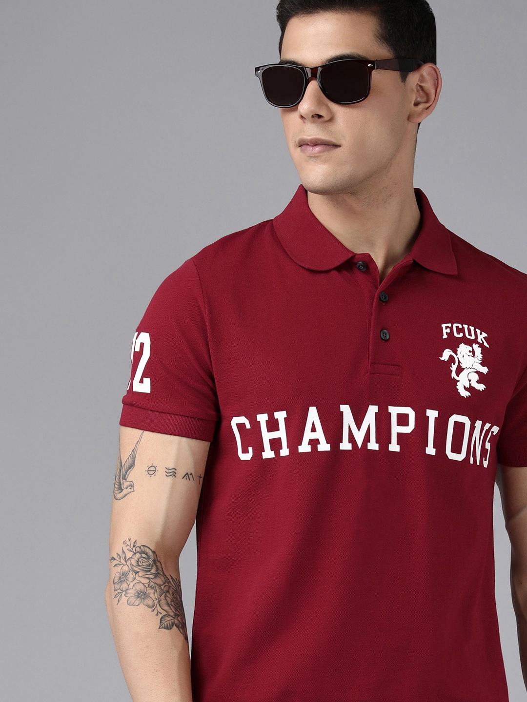 

French Connection Men Red Typography Printed Polo Collar Pure Cotton Slim Fit T-shirt