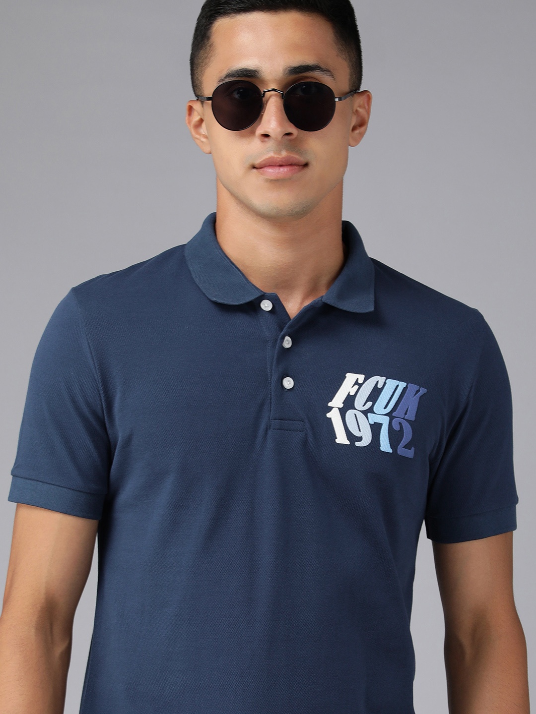 

French Connection Men Dark Blue Brand Logo Printed Pure Cotton Slim Fit Polo T-shirt