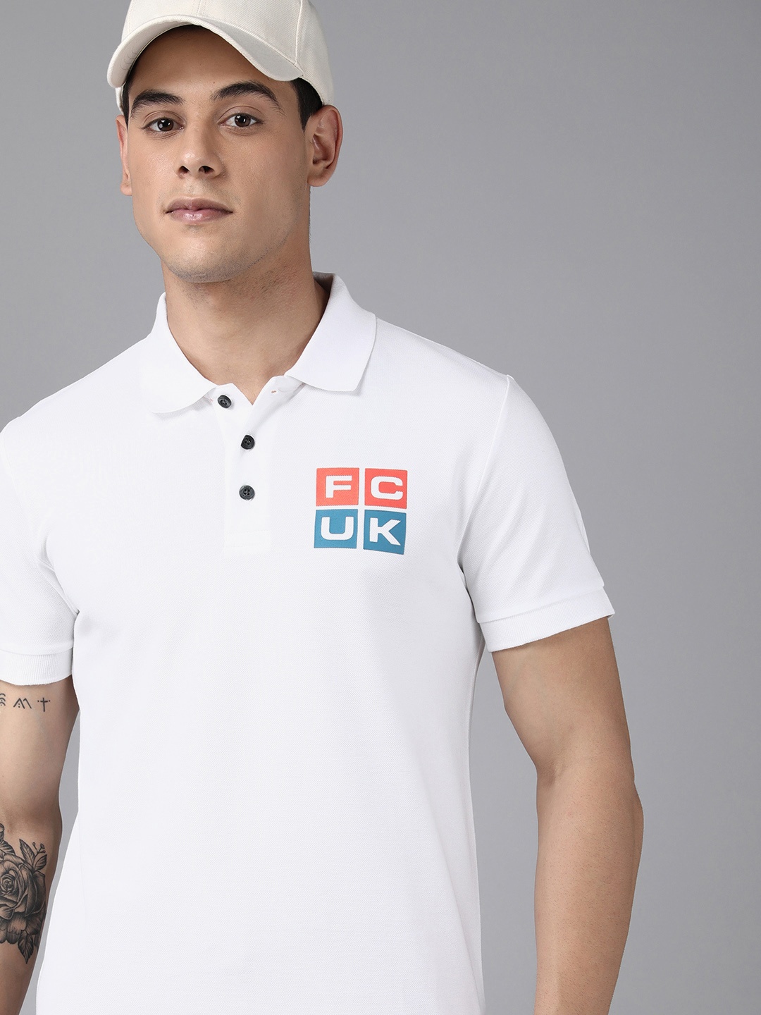

French Connection Men White Brand Logo Printed Polo Collar T-shirt