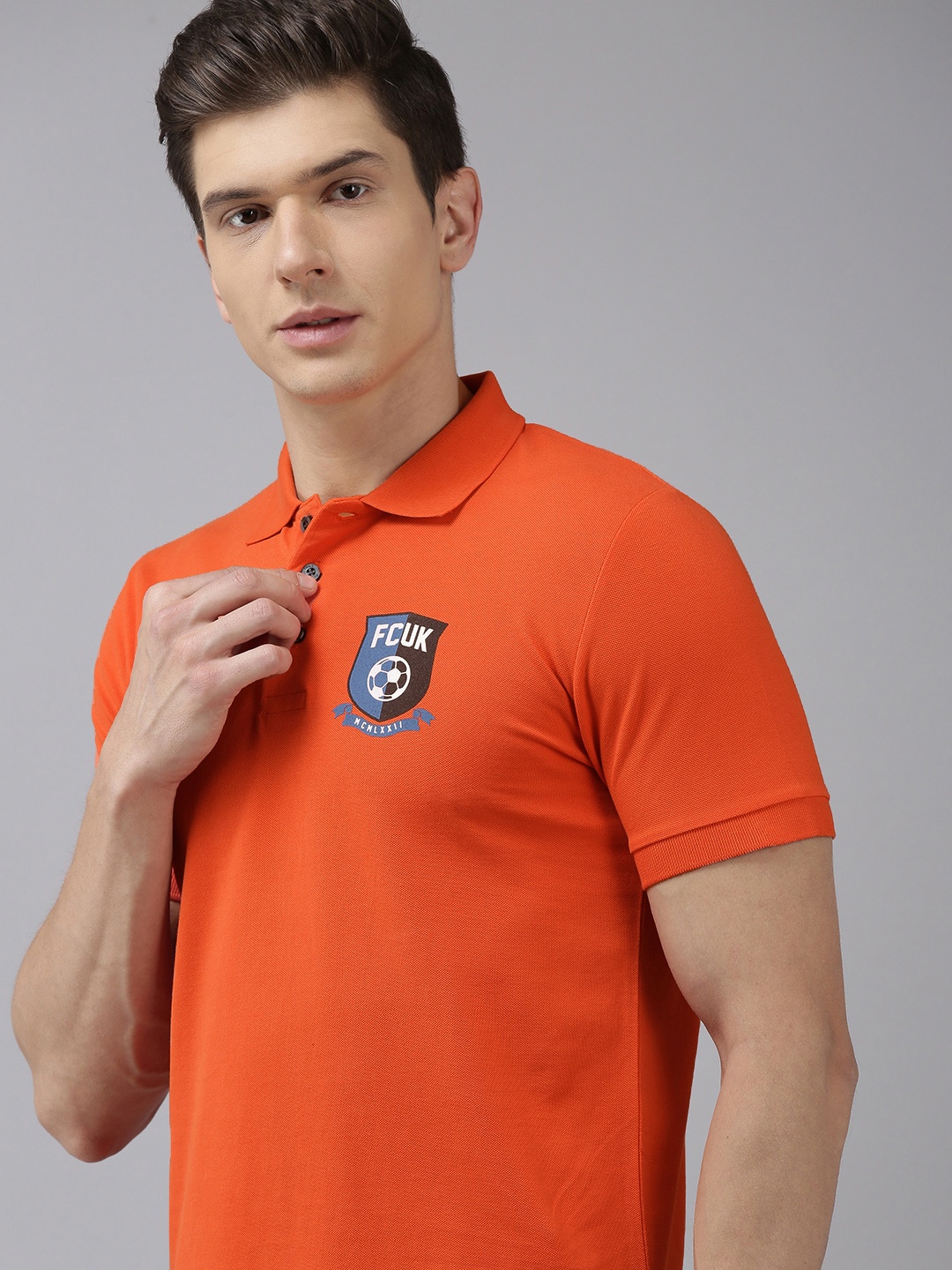 

French Connection Men Orange Brand Logo Printed Polo Collar Pure Cotton Slim Fit T-shirt