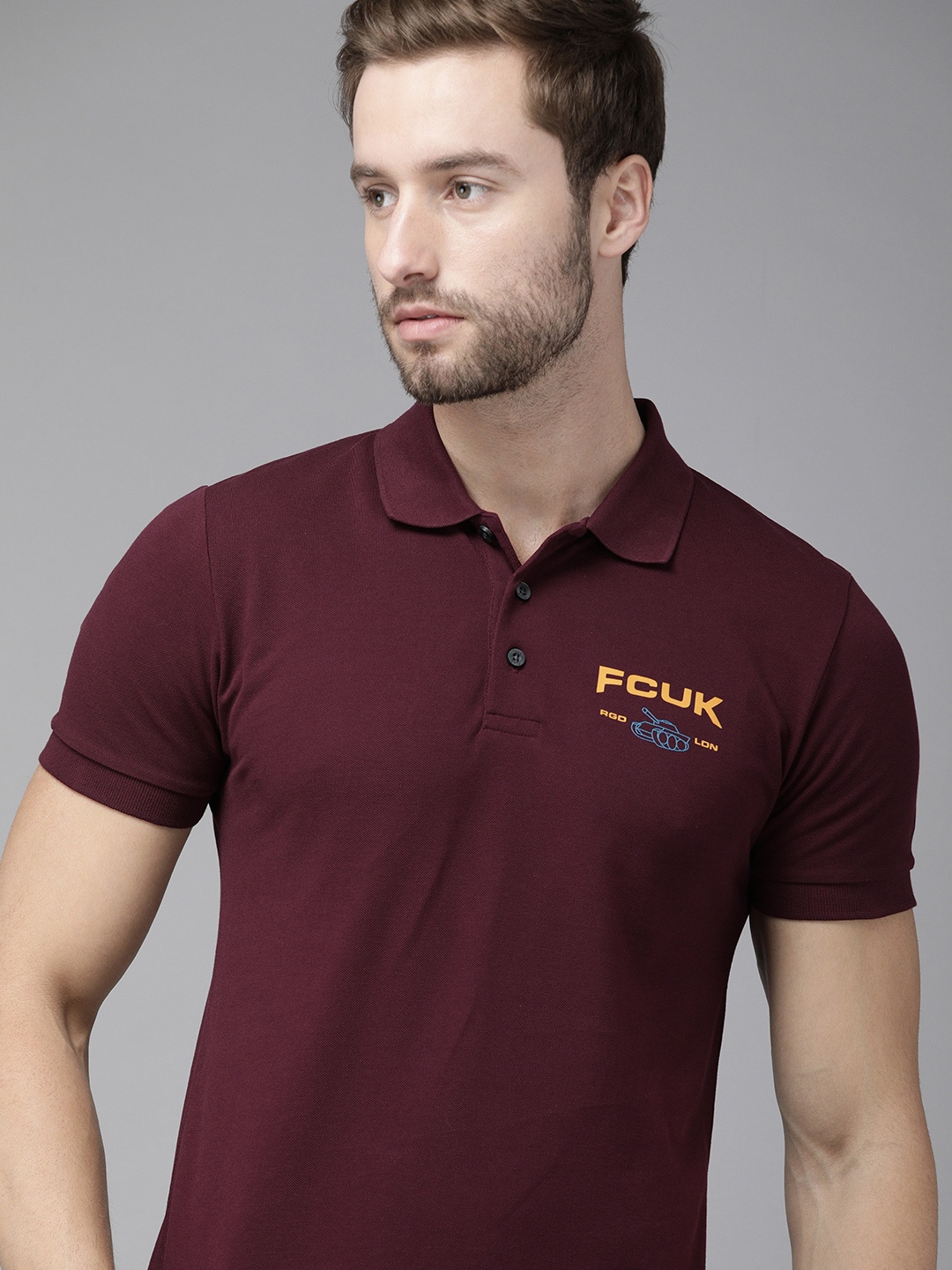 

French Connection Men Burgundy Typography Printed Polo Collar Slim Fit T-shirt