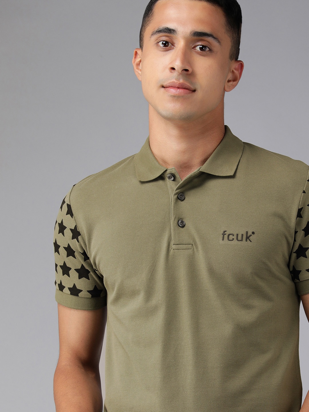 

French Connection Men Olive Green & Black Slim Fit Pure Cotton Polo Collar T-shirt