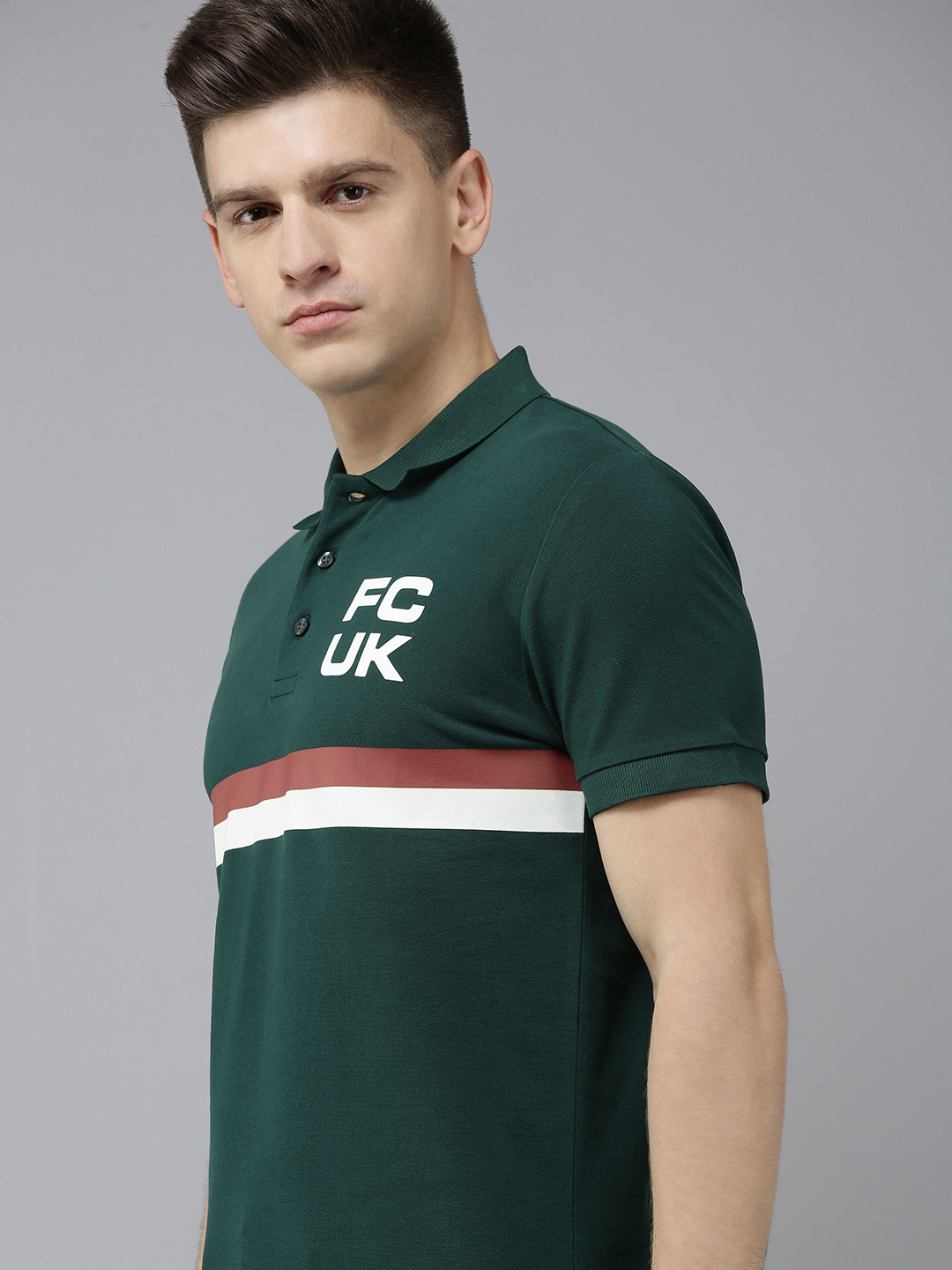 

French Connection Men Green Striped Polo Collar Knitted Pure Cotton Slim Fit T-shirt