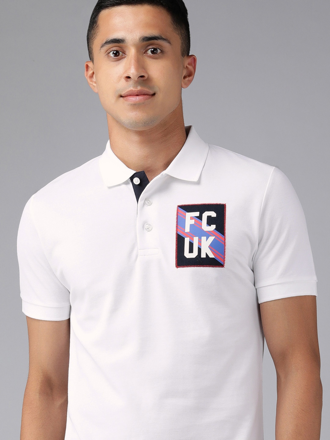 

French Connection Men White Brand Logo Printed Polo Collar Applique Slim Fit T-shirt