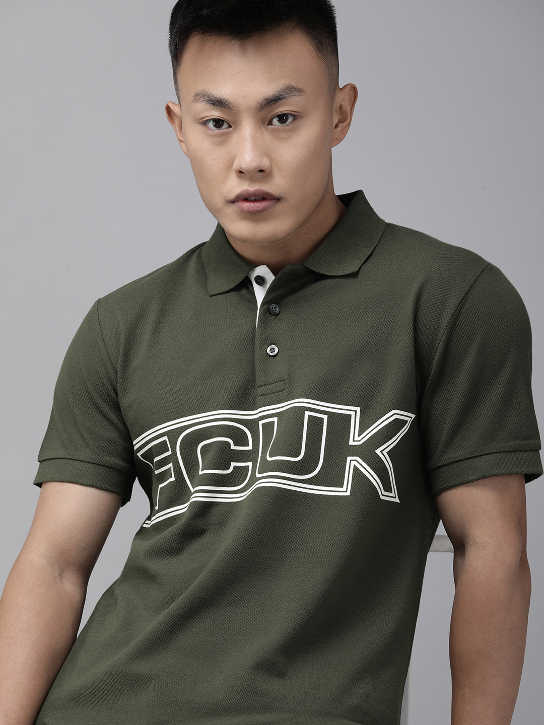 

French Connection Men Olive Green Brand Logo Printed Polo Collar Slim Fit T-shirt