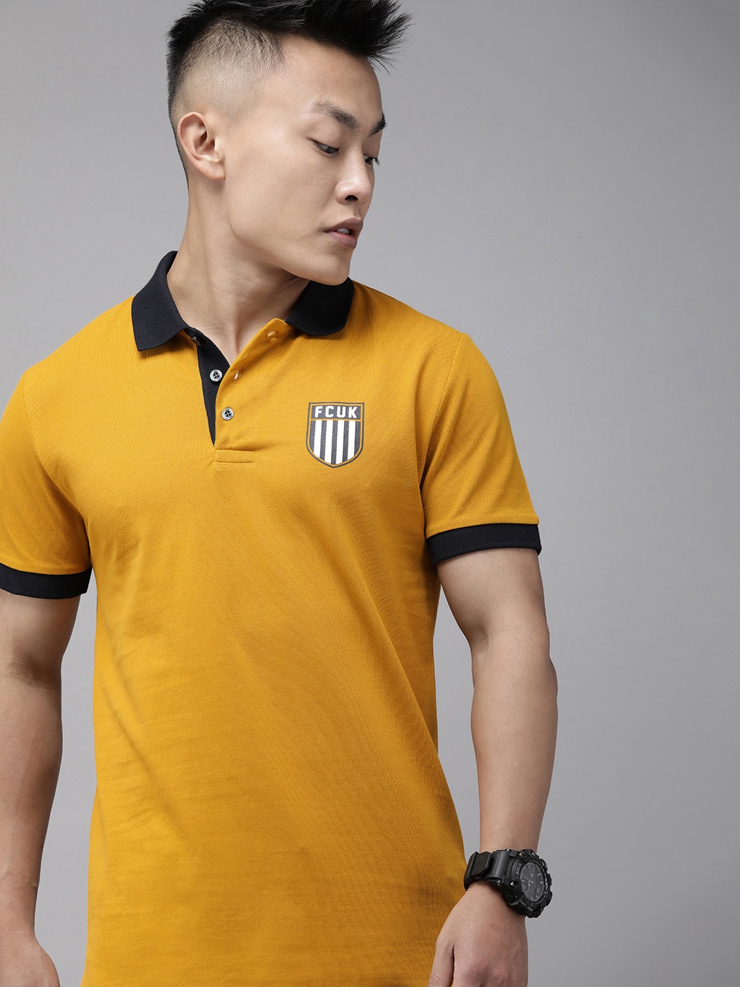 

French Connection Men Mustard Yellow & Black Colourblocked Polo Collar Slim Fit T-shirt