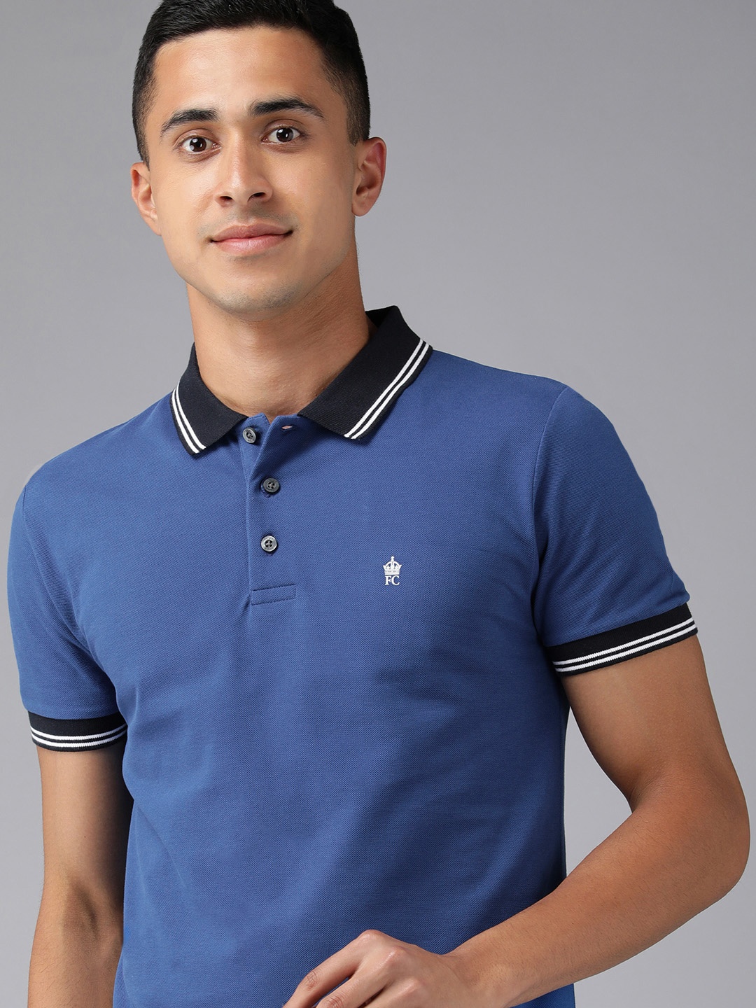 

French Connection Men Blue Polo Collar Pure Cotton Slim Fit T-shirt