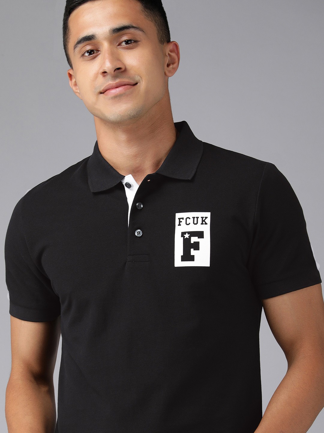 

French Connection Men Black Brand Logo Printed Polo Collar Slim Fit T-shirt