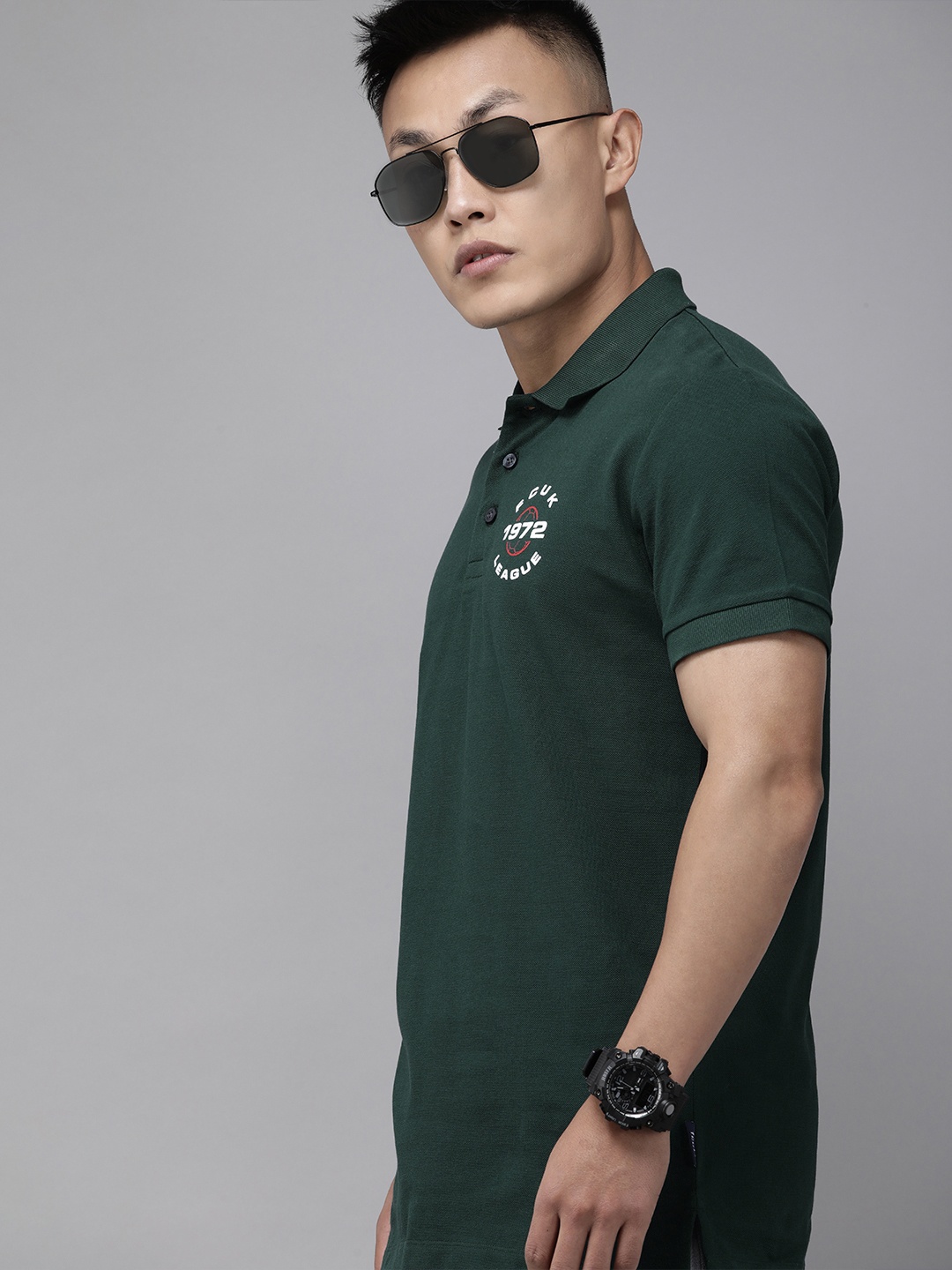 

French Connection Men Olive Green Brand Logo Printed Polo Collar Slim Fit Casual T-shirt