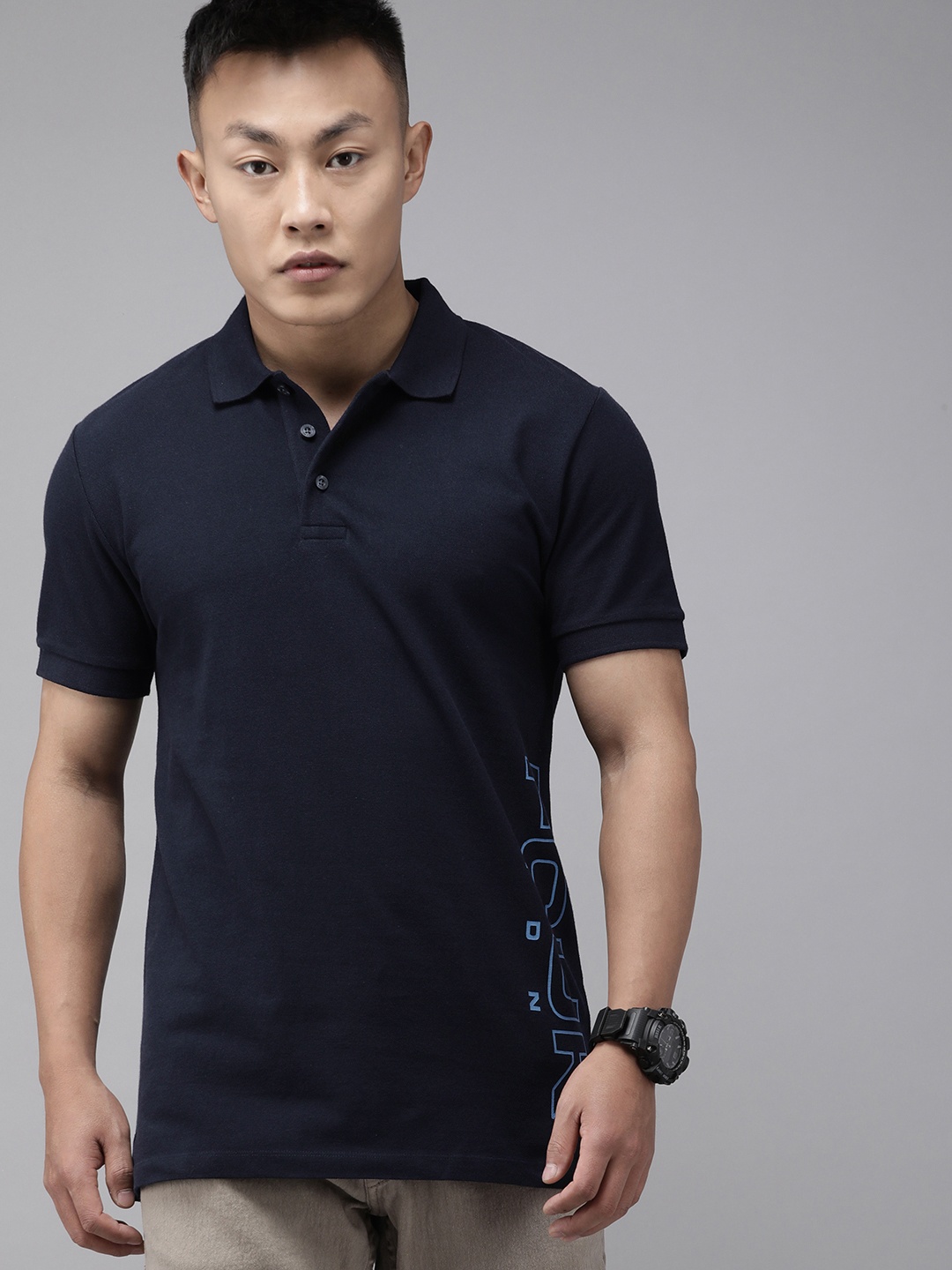 

French Connection Men Navy Blue Brand Logo Printed Polo Collar Slim Fit T-shirt