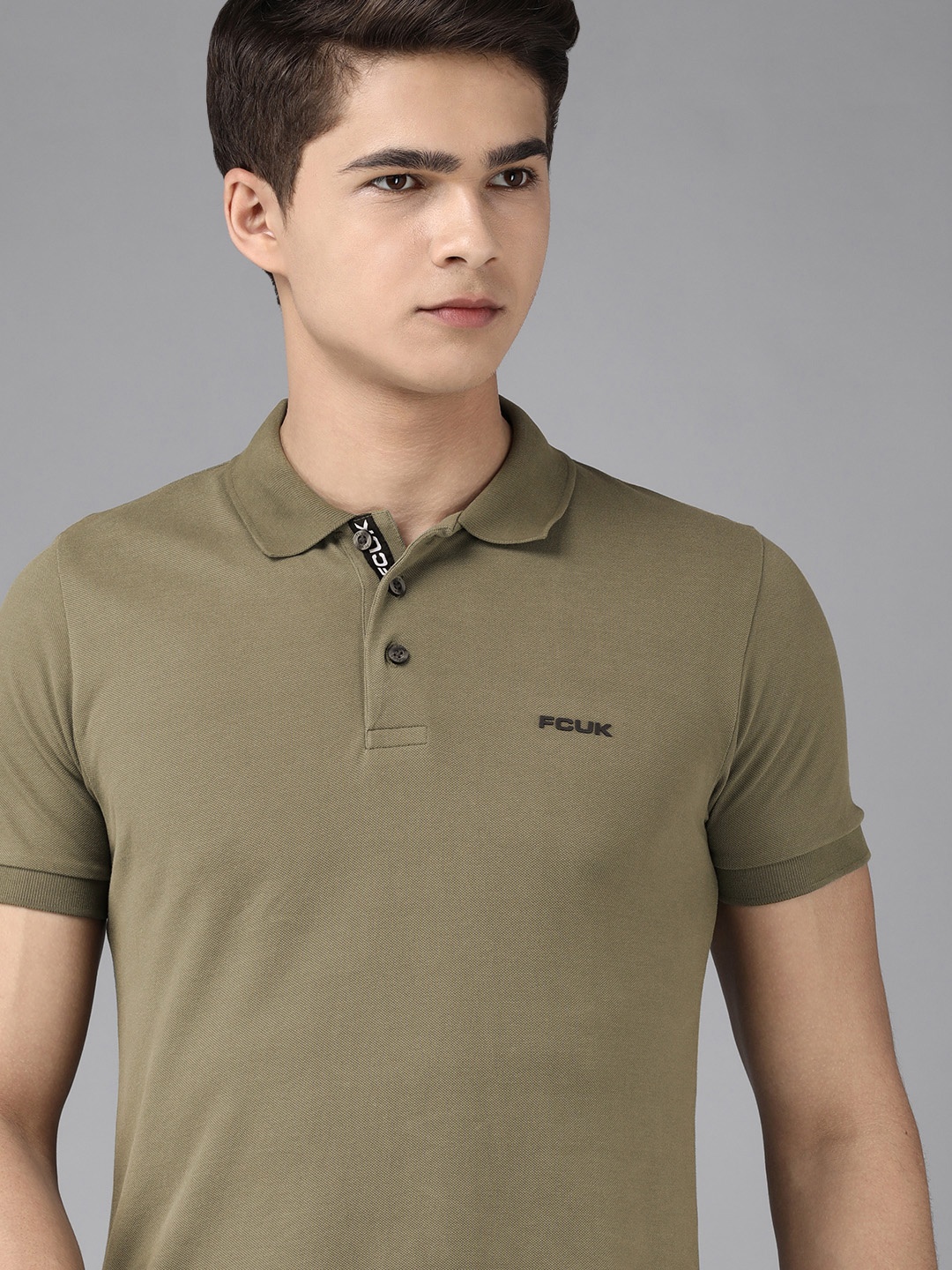 

French Connection Men Olive Green Polo Collar Pure Cotton Slim Fit T-shirt