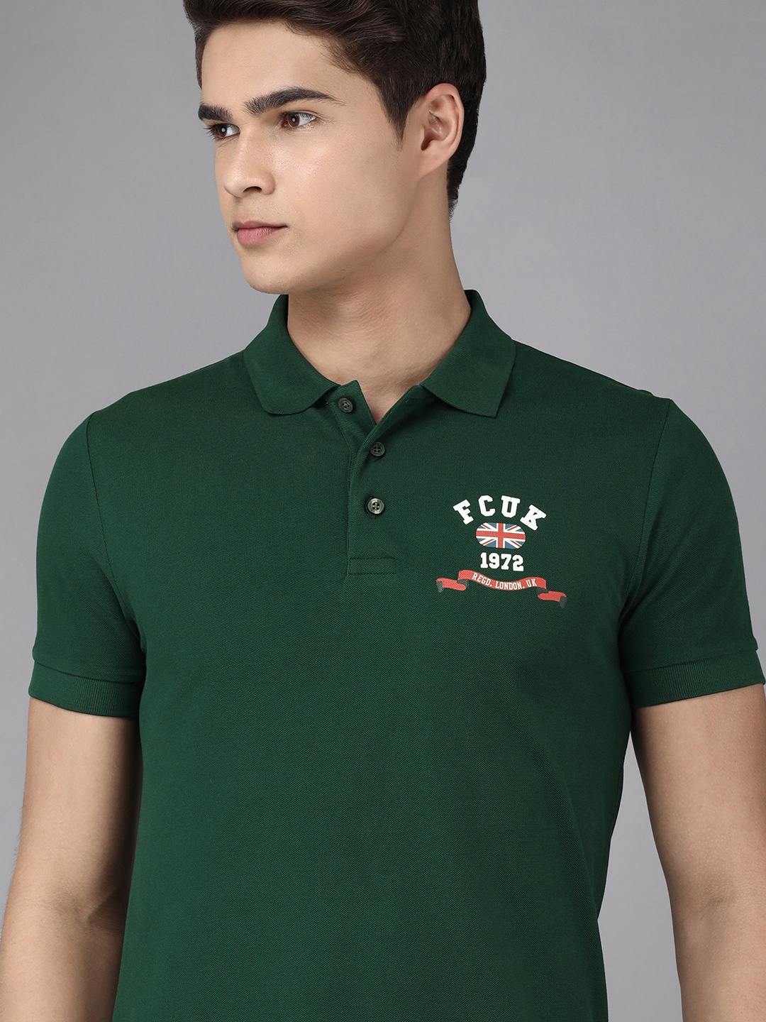 

French Connection Men Green Polo Collar Pure Cotton Slim Fit T-shirt with Printed Detail