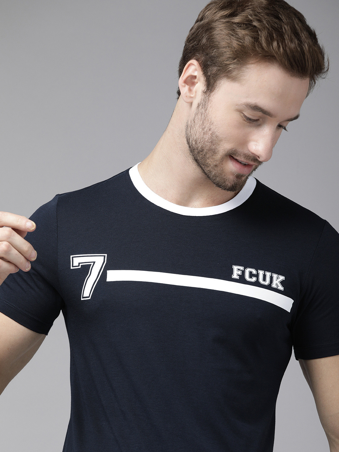 

French Connection Men Navy Blue Brand Logo Printed Pure Cotton Slim Fit T-shirt