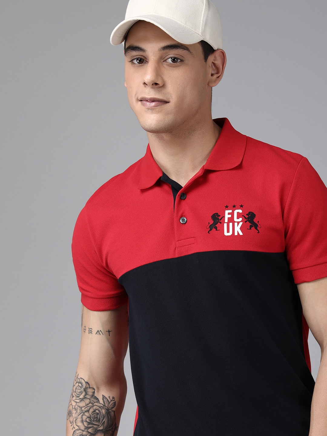 

French Connection Men Red & Black Colourblocked Polo Collar Pure Cotton Slim Fit T-shirt