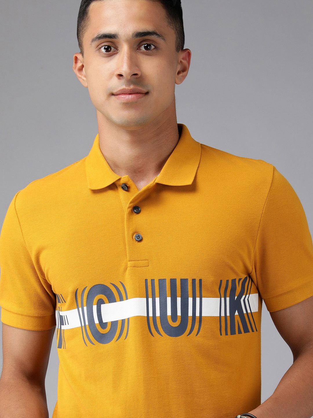 

French Connection Men Mustard Yellow & White Printed Slim Fit Polo Collar T-shirt