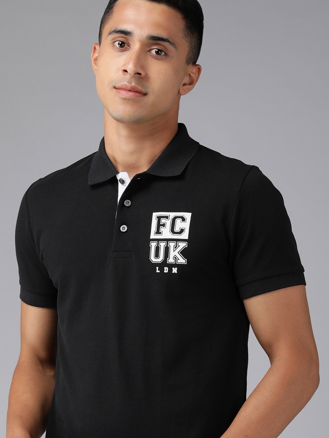 

French Connection Men Black & White Printed Slim Fit Pure Cotton Polo Collar T-shirt