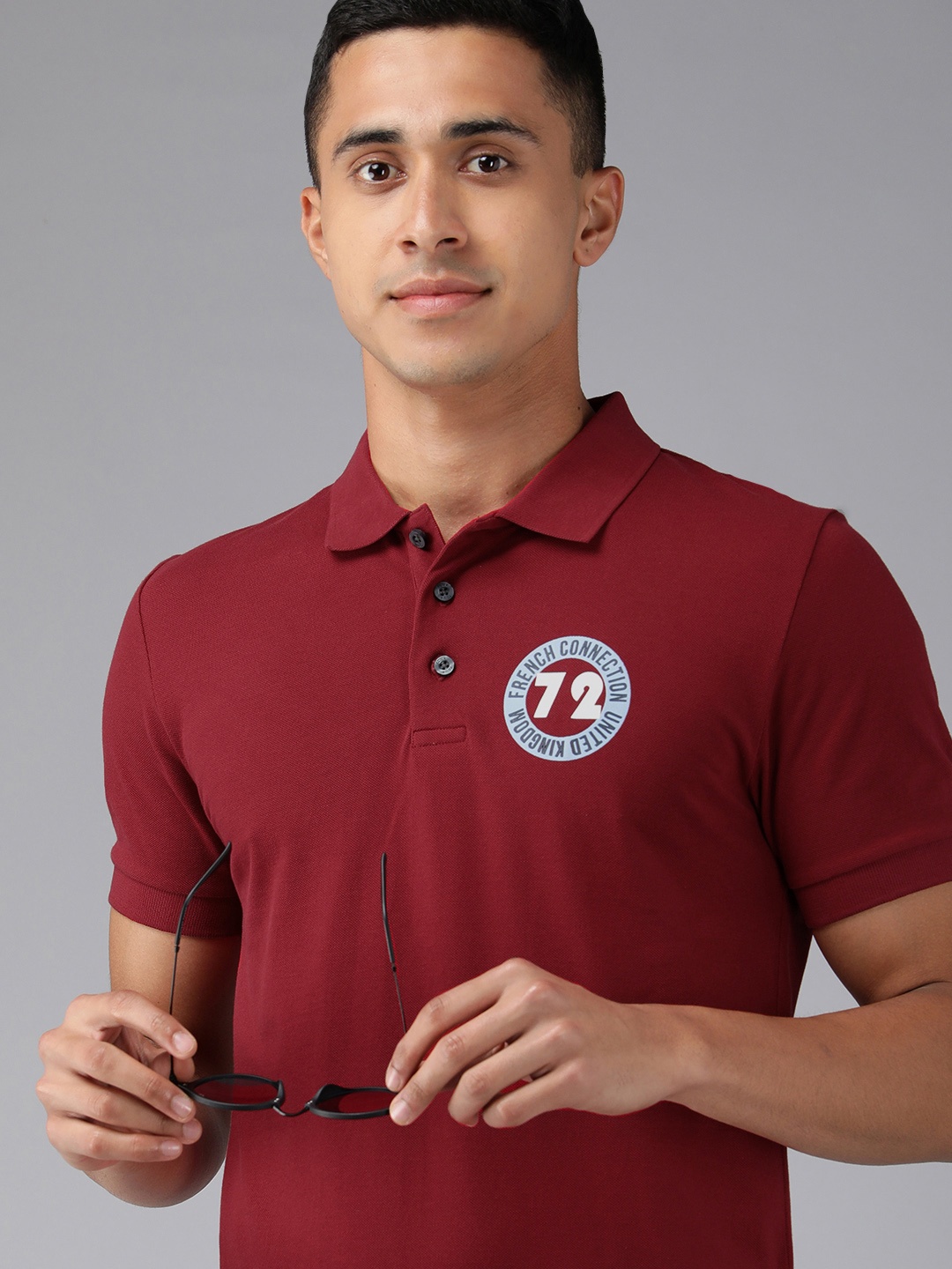 

French Connection Men Maroon Brand Logo Printed Polo Collar Slim Fit Casual T-shirt