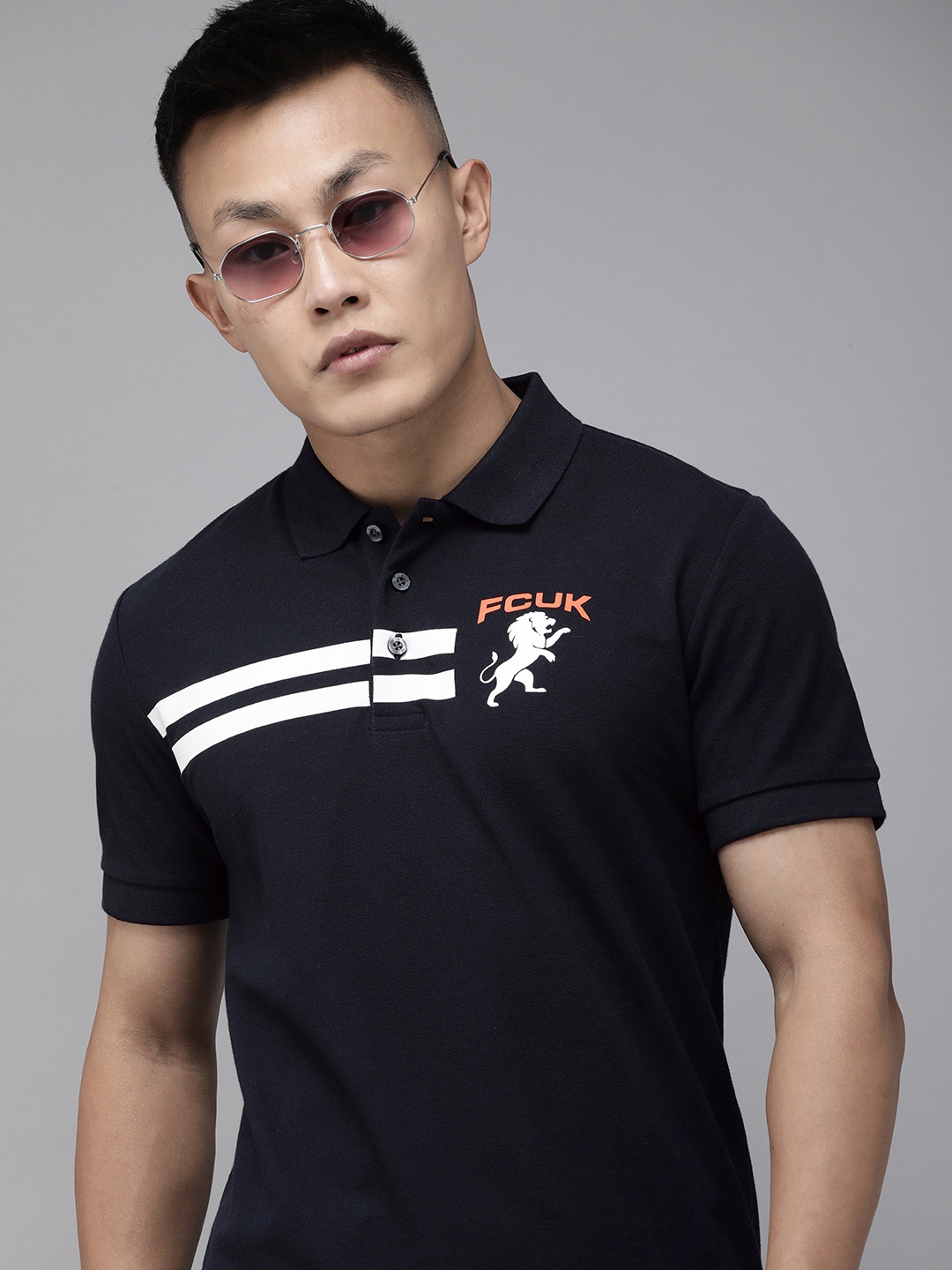 

French Connection Men Navy Blue Striped Polo Collar Slim Fit T-shirt