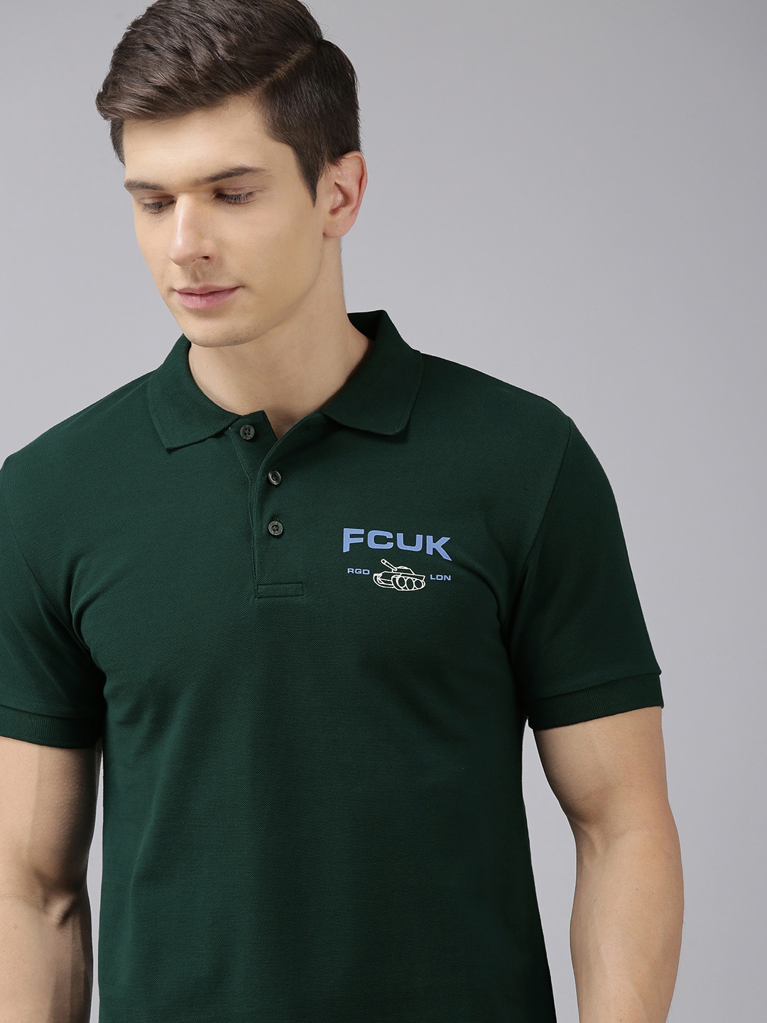 

French Connection Men Emerald Green Printed Polo Collar Pure Cotton Slim Fit T-shirt