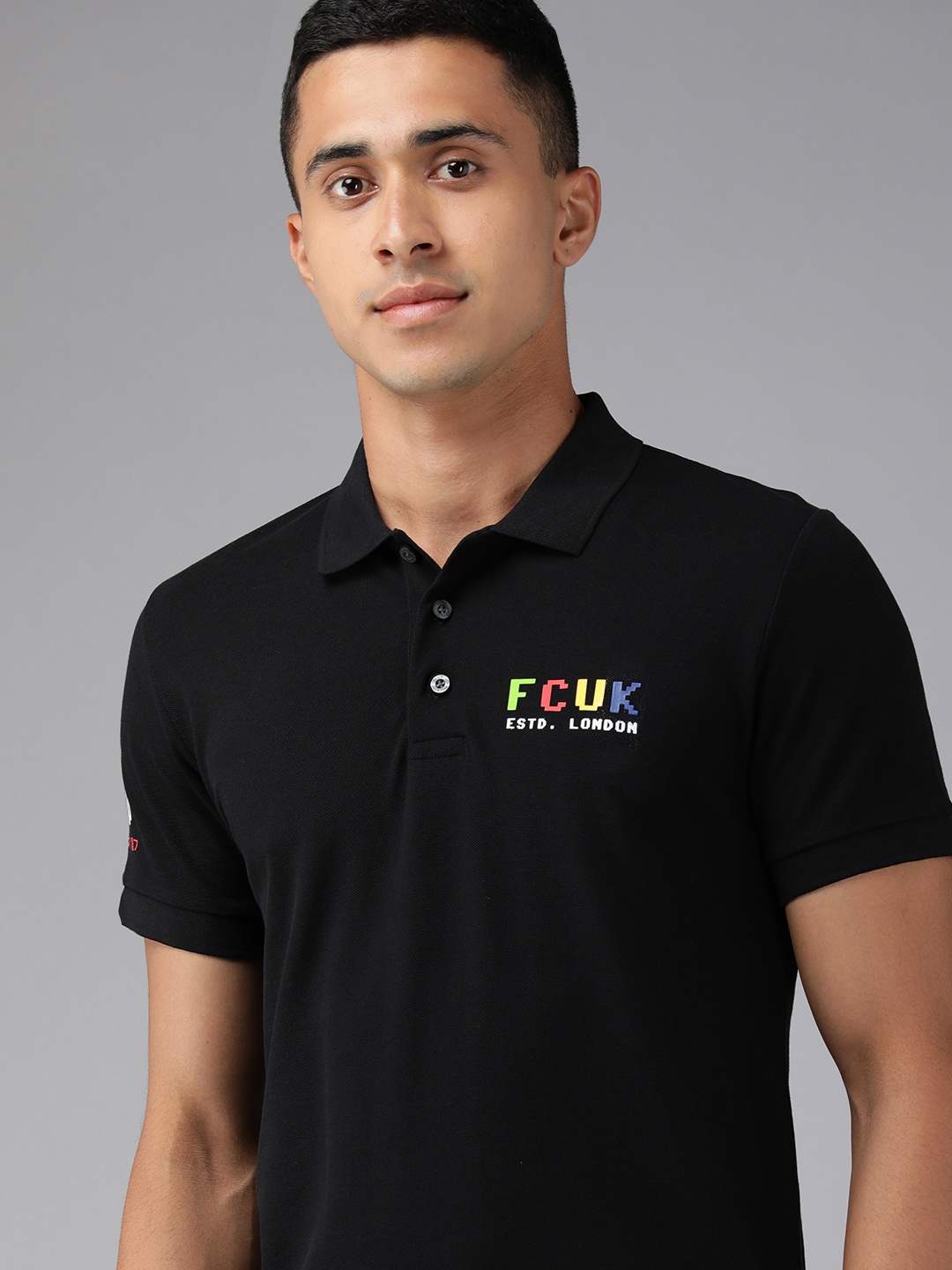 

French Connection Men Black Brand Logo Printed Polo Collar Slim Fit Casual T-shirt