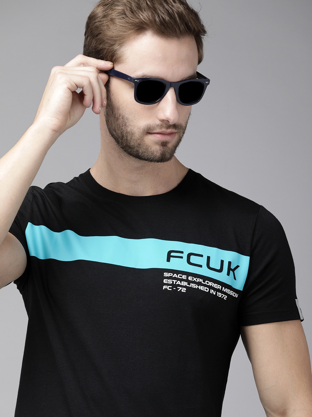 

French Connection Men Black Brand Logo Printed Pure Cotton Slim Fit T-shirt