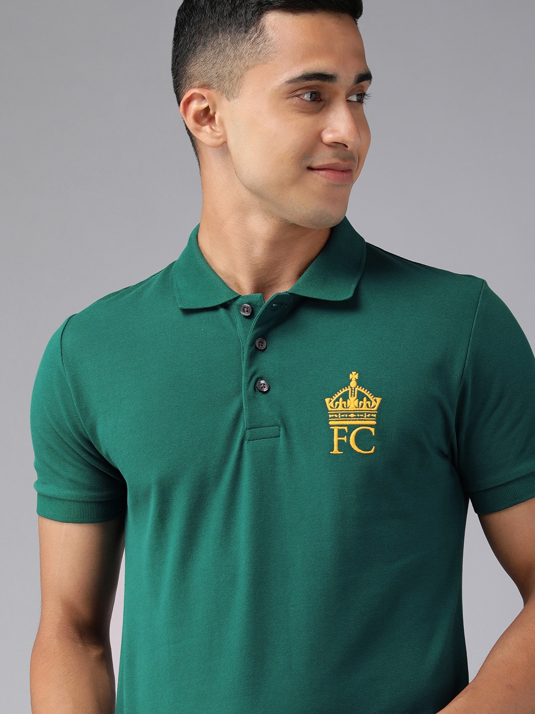 

French Connection Men Teal Brand Logo Printed Polo Collar Pure Cotton Slim Fit T-shirt