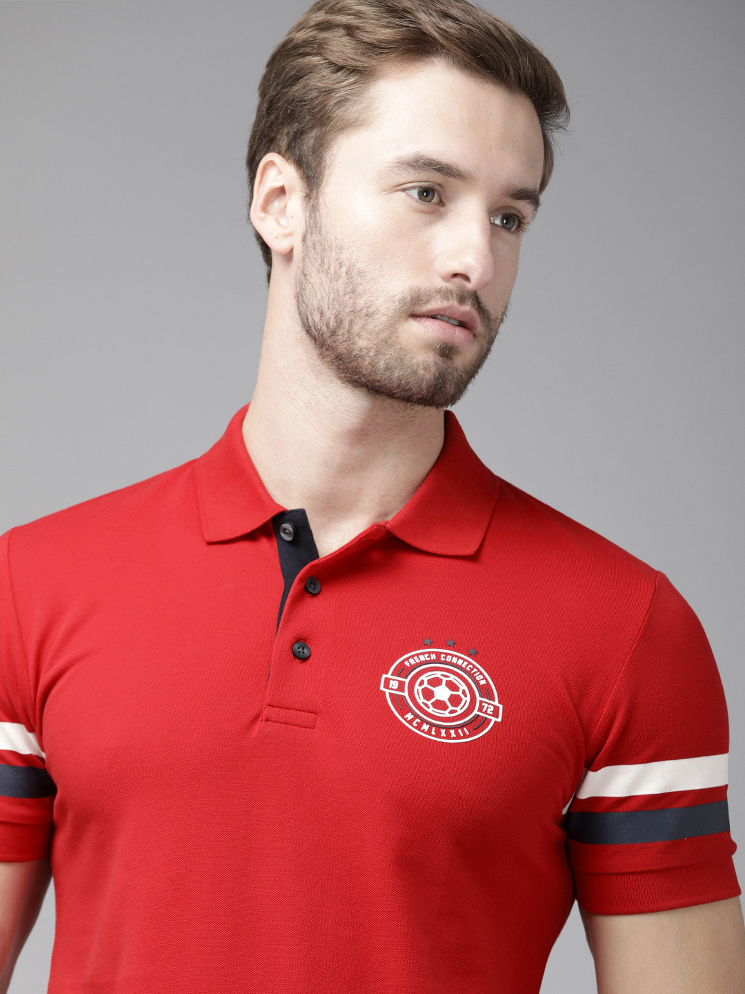 

French Connection Men Red Brand Logo Printed Polo Collar Pure Cotton Slim Fit T-shirt