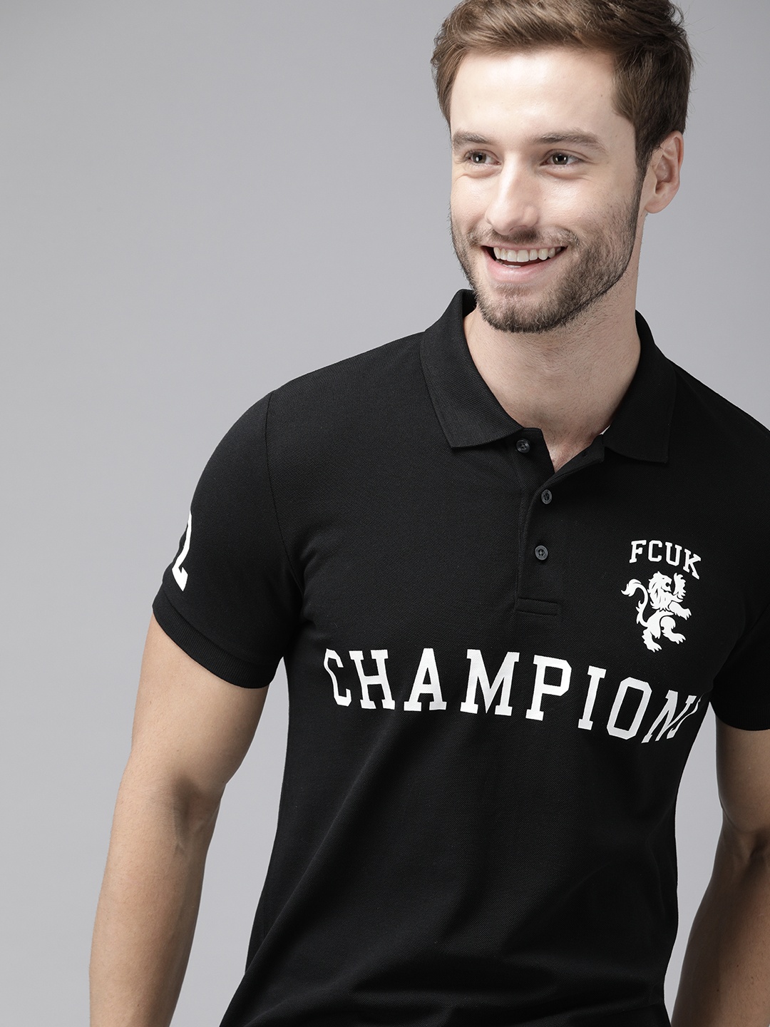 

French Connection Men Black Typography Printed Polo Collar Slim Fit T-shirt