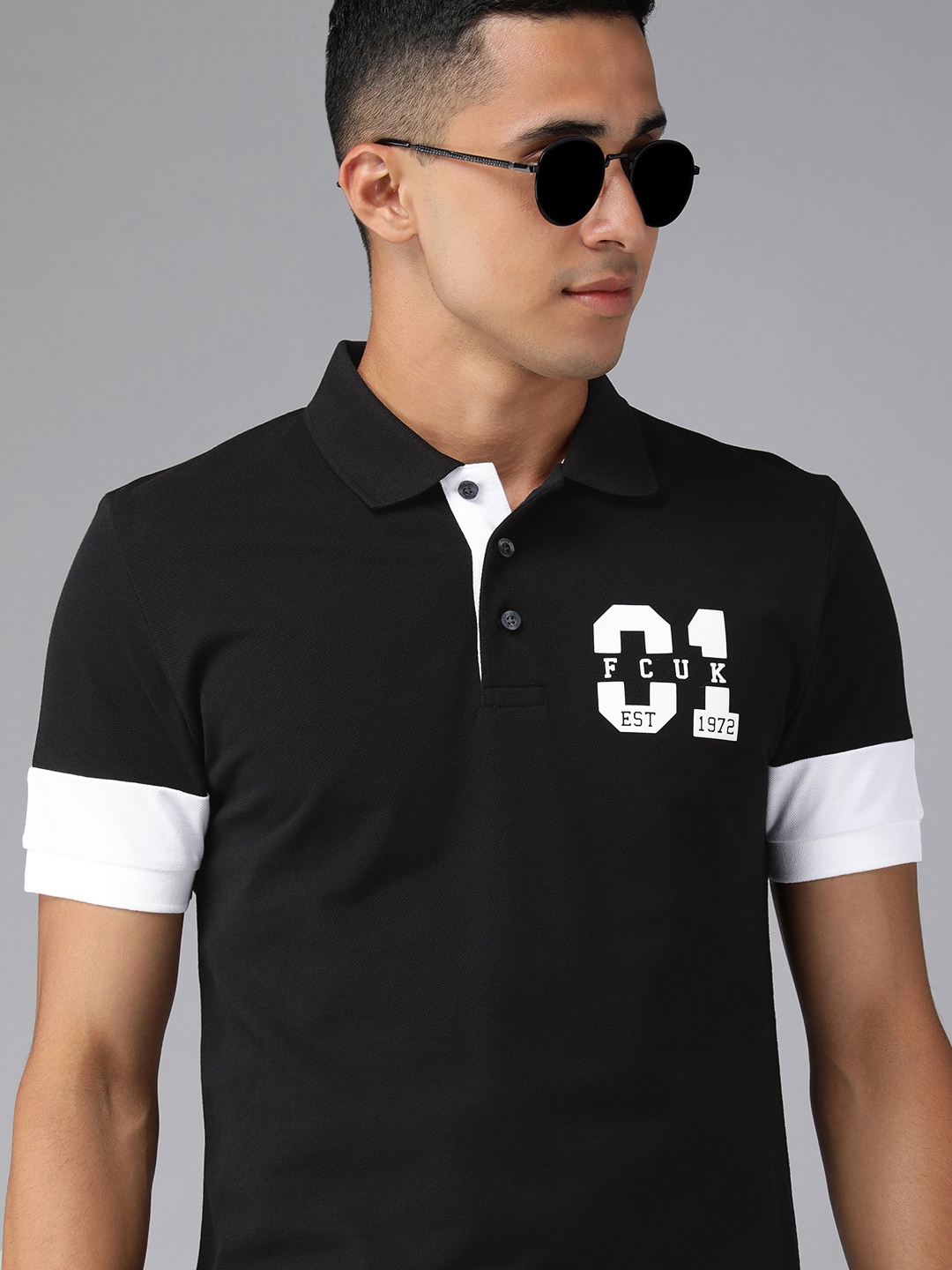 

French Connection Men Black Polo Collar Slim Fit Pure Cotton T-shirt