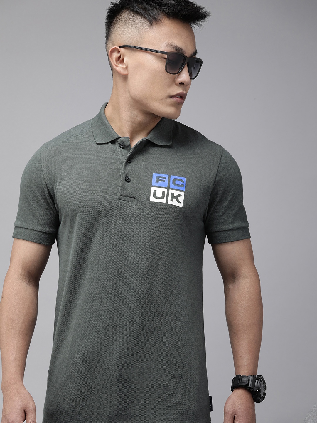 

French Connection Men Grey Polo Collar Slim Fit T-shirt