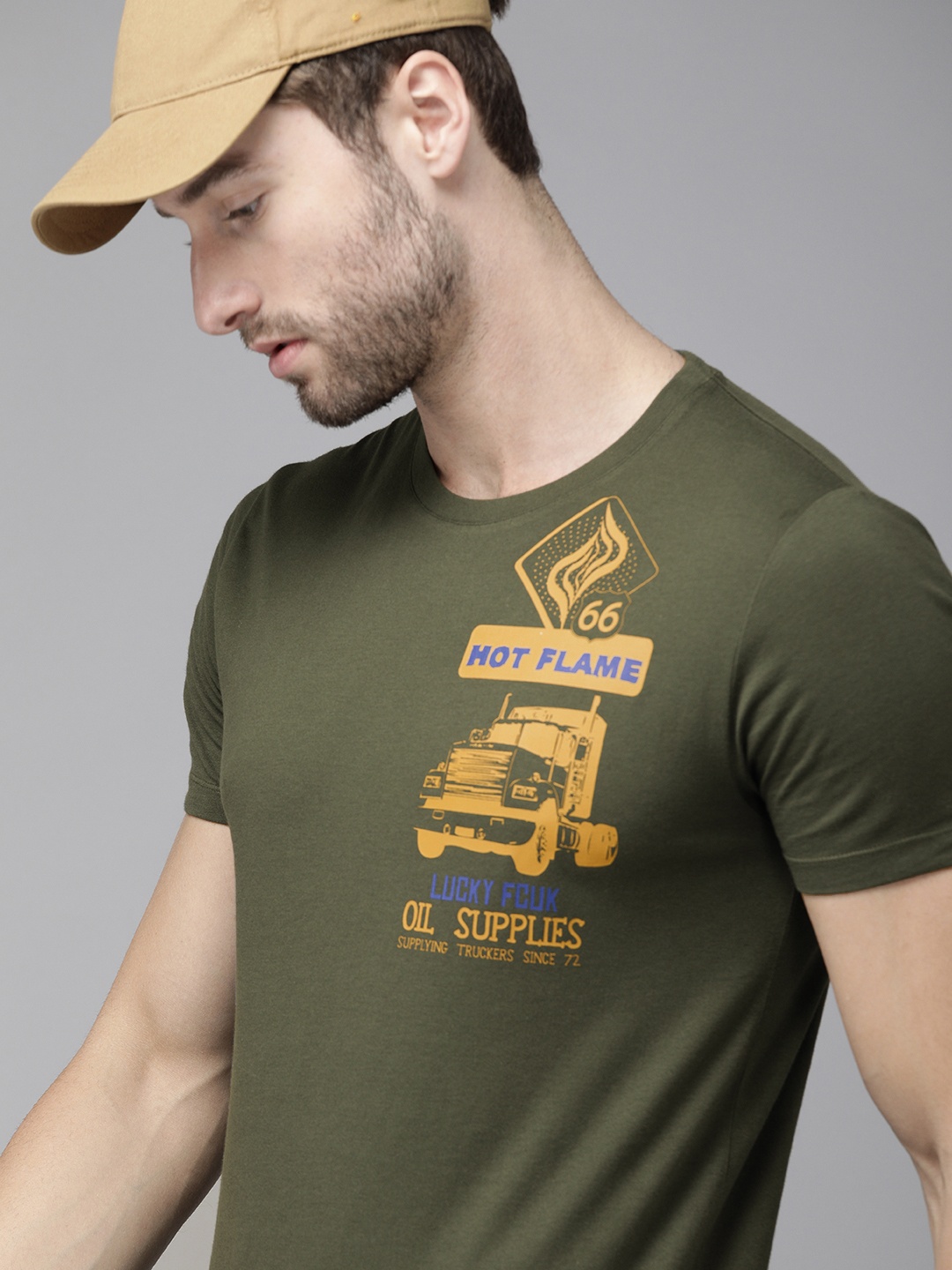 

French Connection Men Olive Green Printed Slim Fit T-shirt