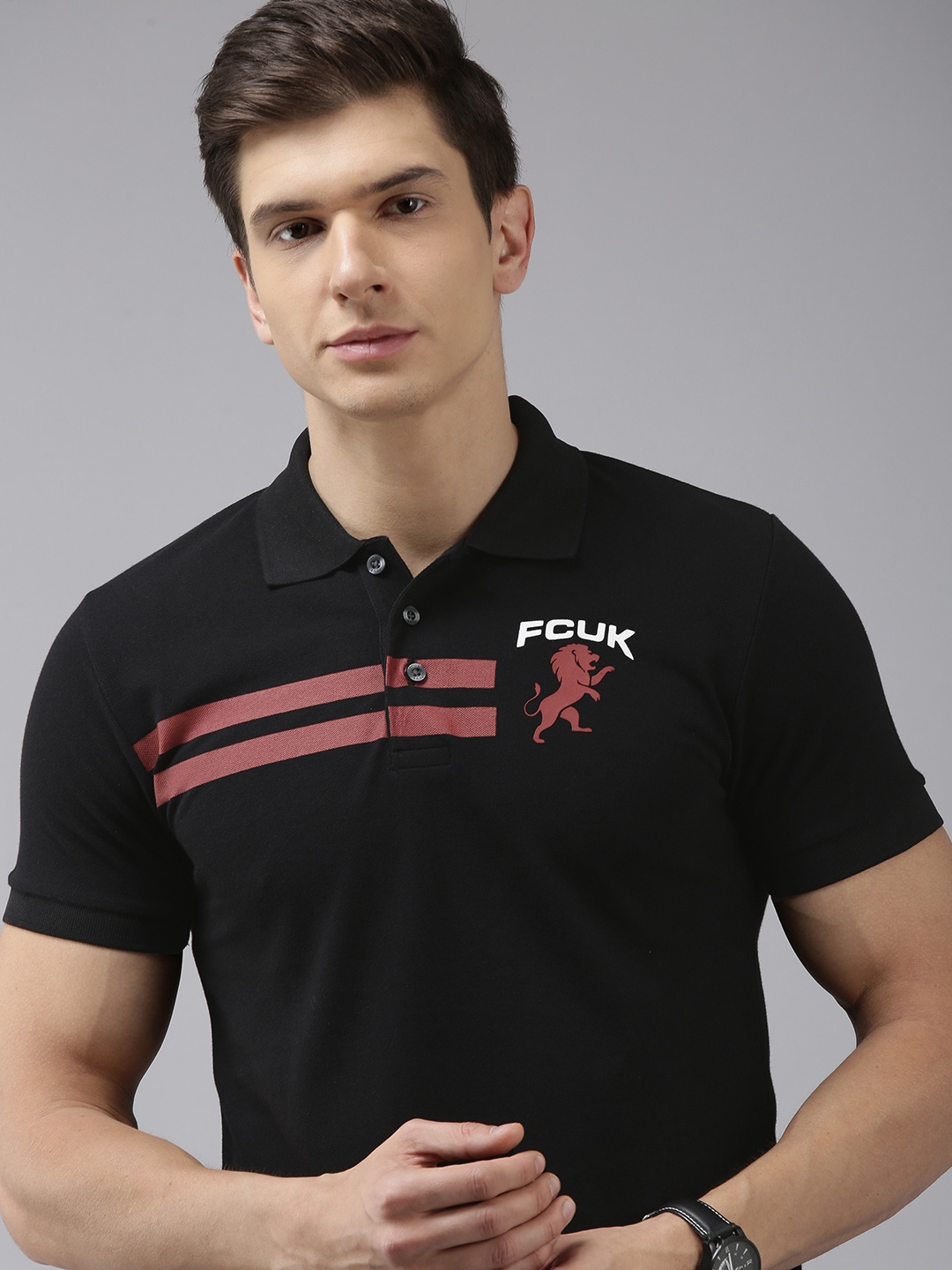 

French Connection Men Black Printed Polo Collar Pure Cotton Slim Fit T-shirt