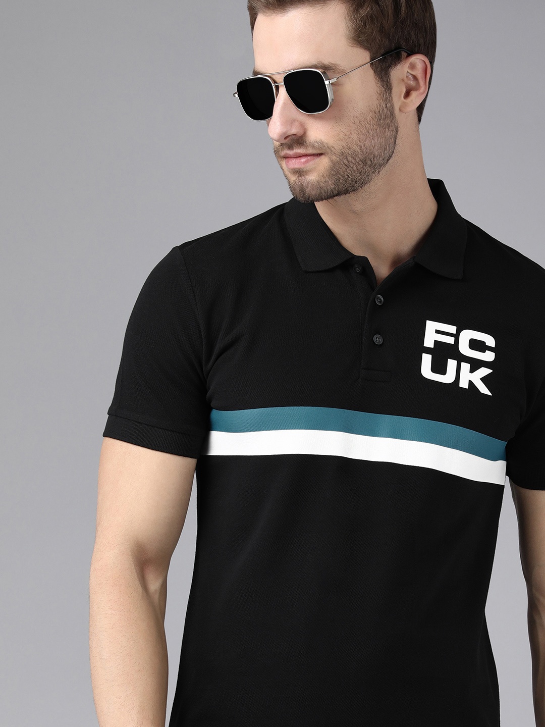 

French Connection Men Black Brand Logo Printed Polo Collar Pure Cotton Slim Fit T-shirt