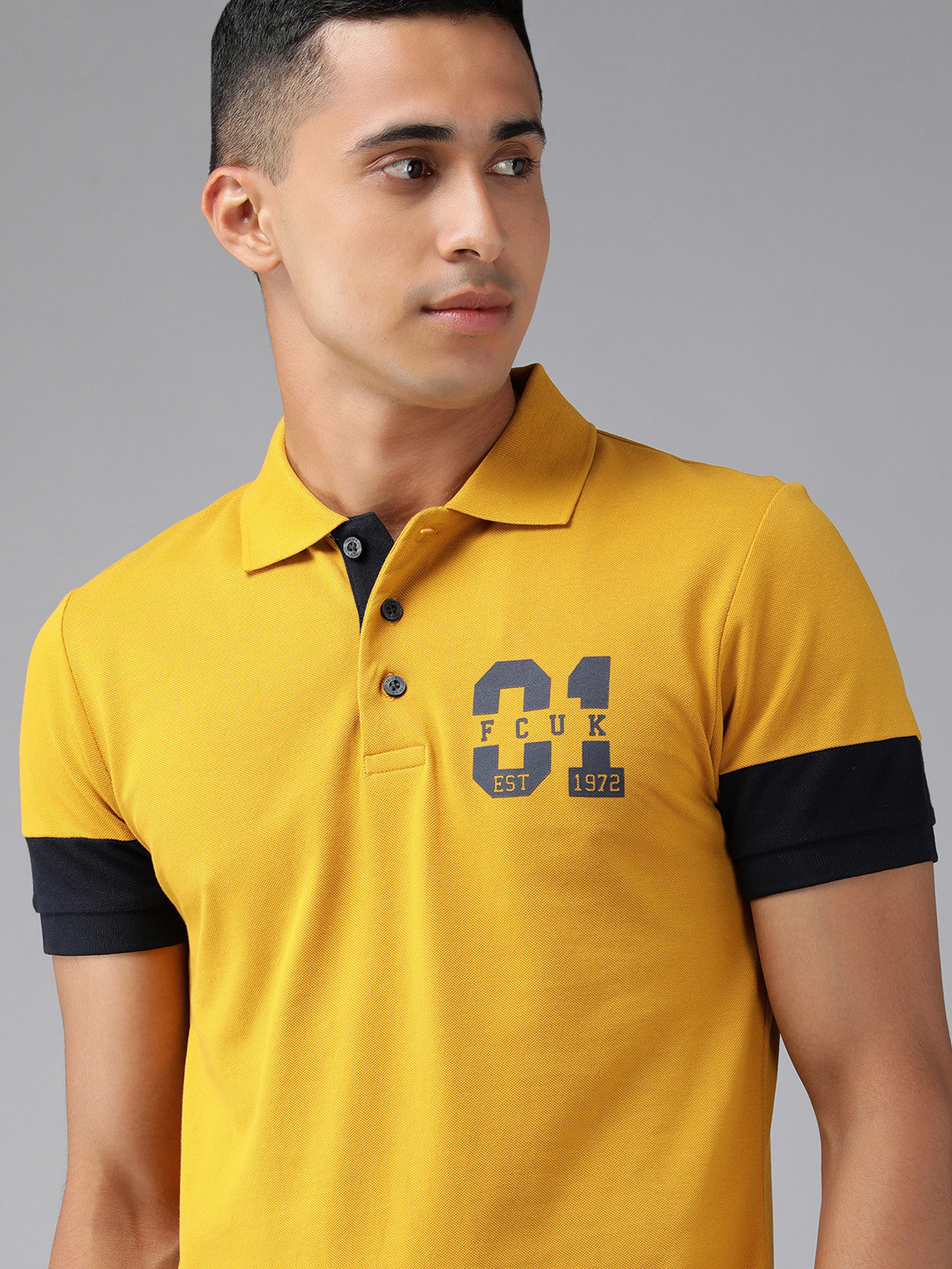 

French Connection Men Mustard Yellow Slim Fit Pure Cotton Polo Collar T-shirt