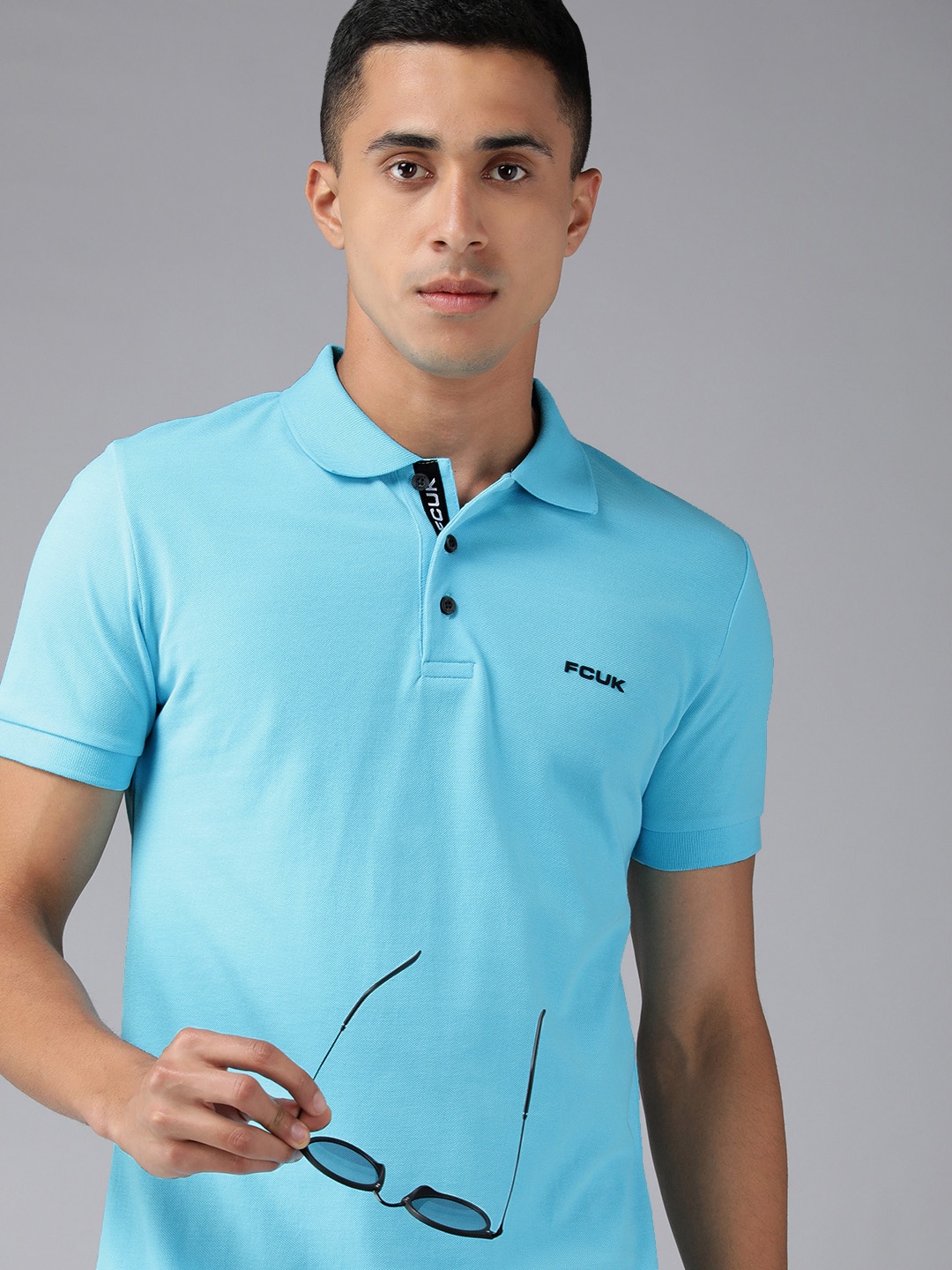 

French Connection Men Blue Polo Collar Slim Fit Casual T-shirt