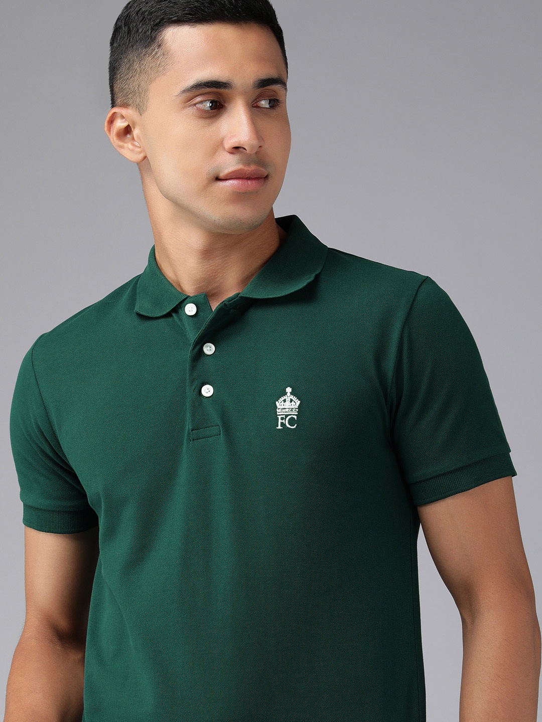 

French Connection Men Teal Green Embroidered Polo Collar Pure Cotton Slim Fit T-shirt