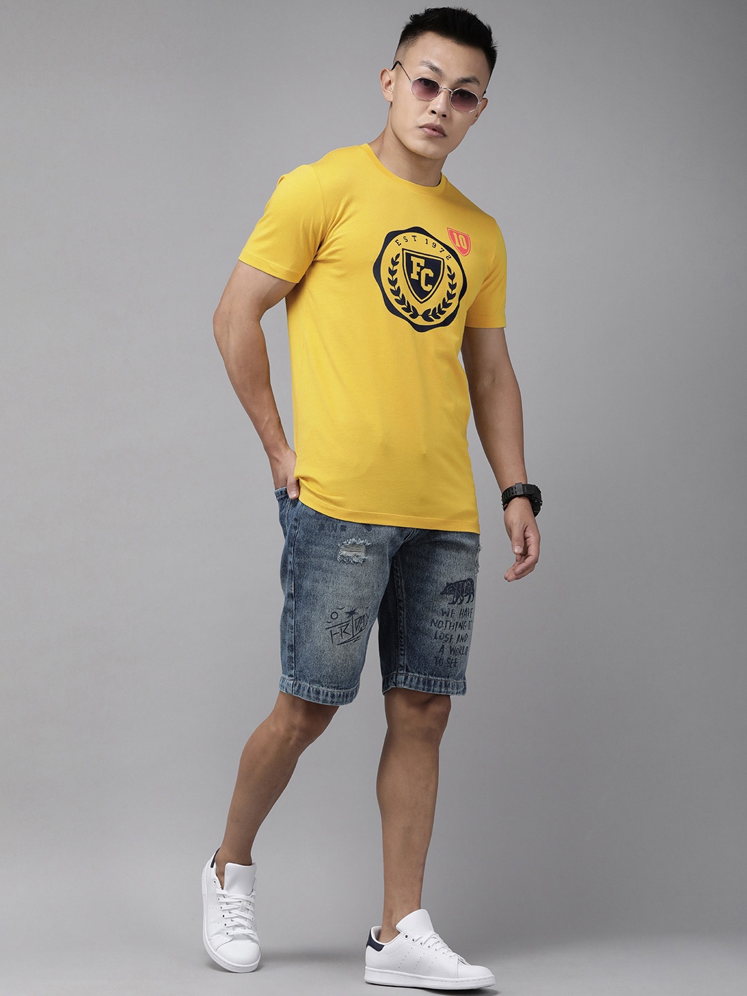 

French Connection Men Yellow Varsity Printed Slim Fit T-shirt