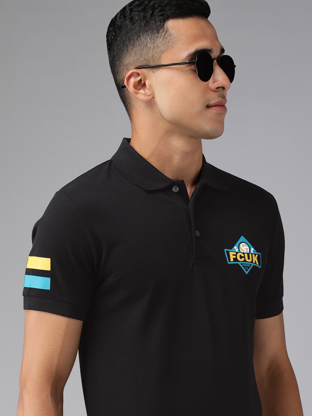 

French Connection Men Black Printed Polo Collar Slim Fit Pure Cotton T-shirt