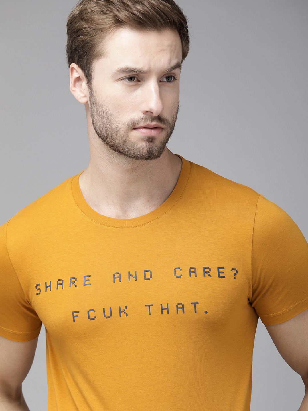 

French Connection Men Mustard Yellow Typography Printed Pure Cotton Slim Fit T-shirt