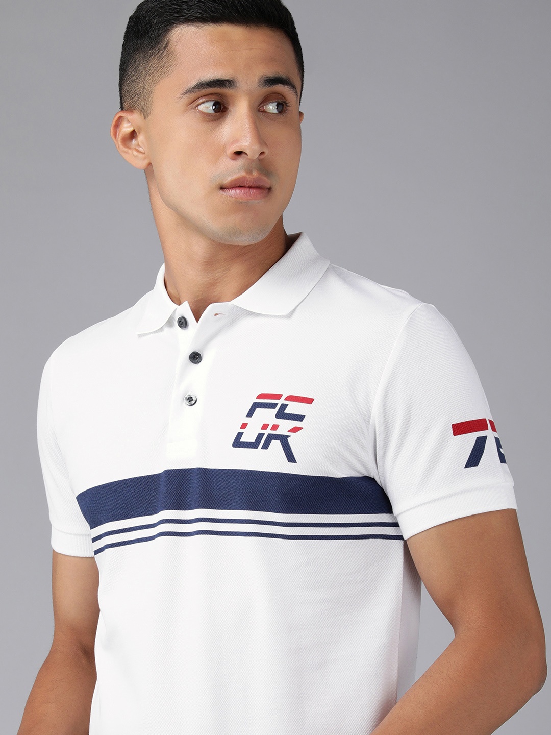 

French Connection Men White & Blue Printed Polo Collar Pure Cotton Slim Fit T-shirt