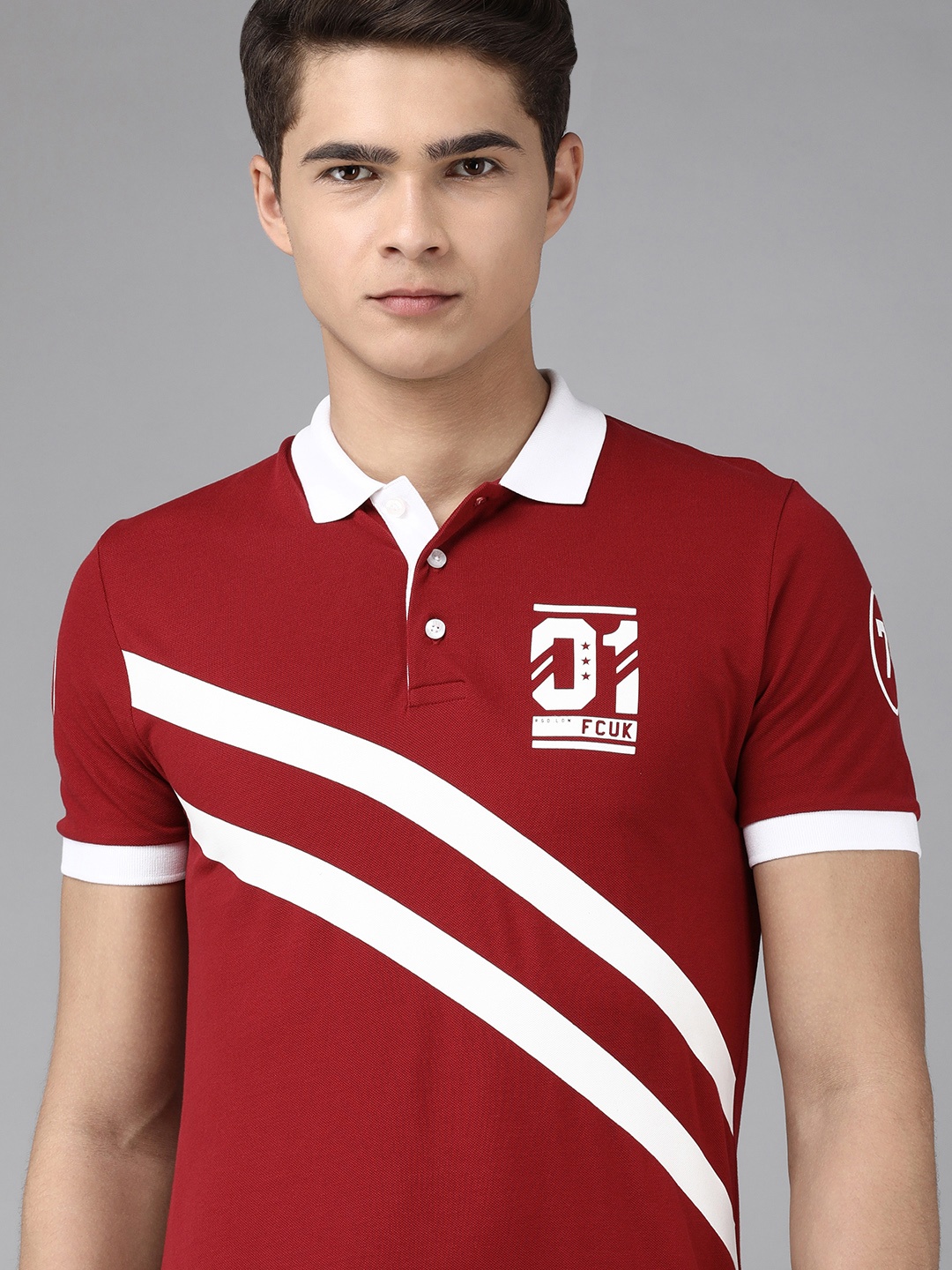 

French Connection Men Red & White Striped Polo Collar Pure Cotton Slim Fit T-shirt