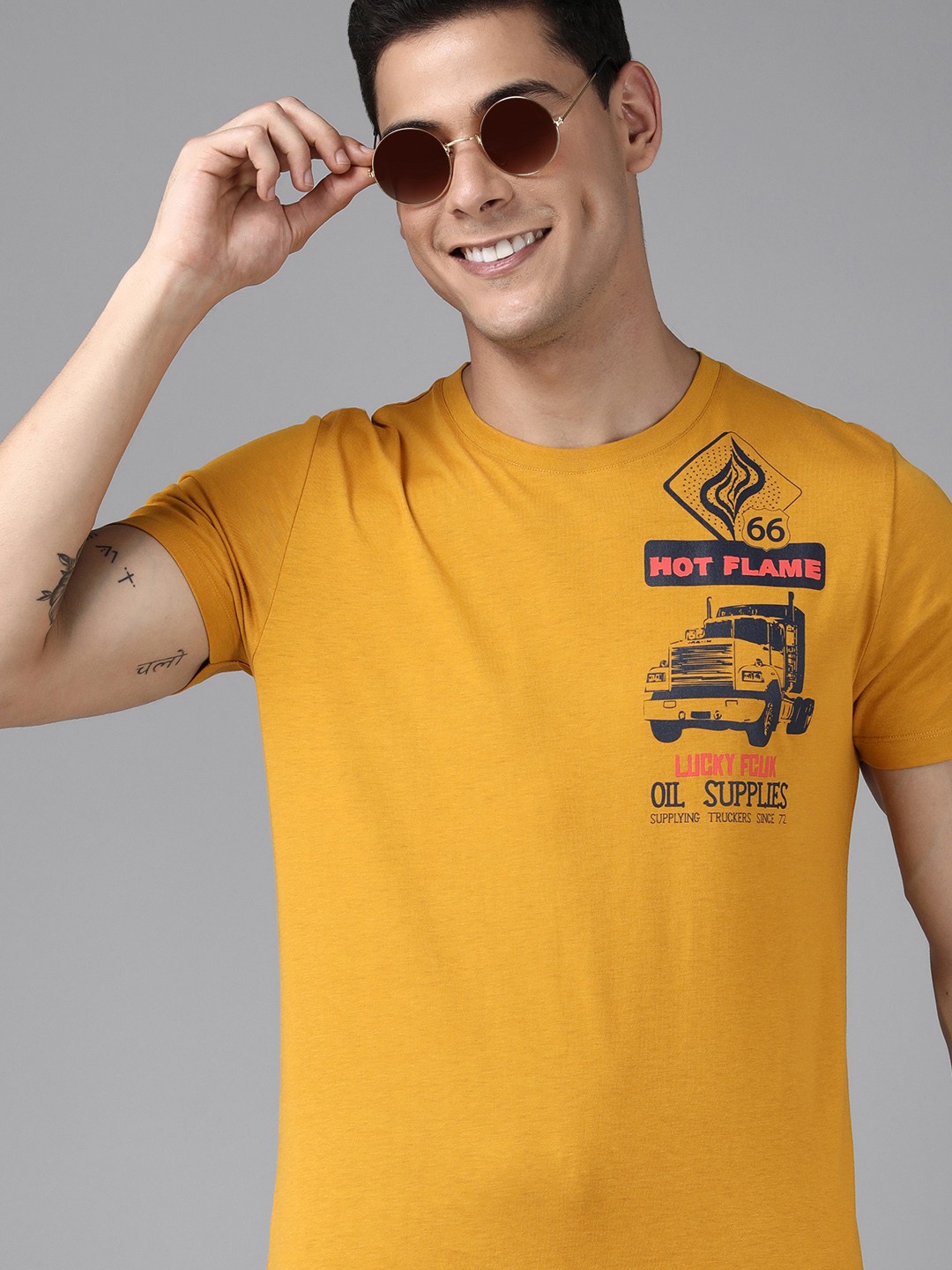

French Connection Men Mustard Yellow Printed Pure Cotton Slim Fit T-shirt