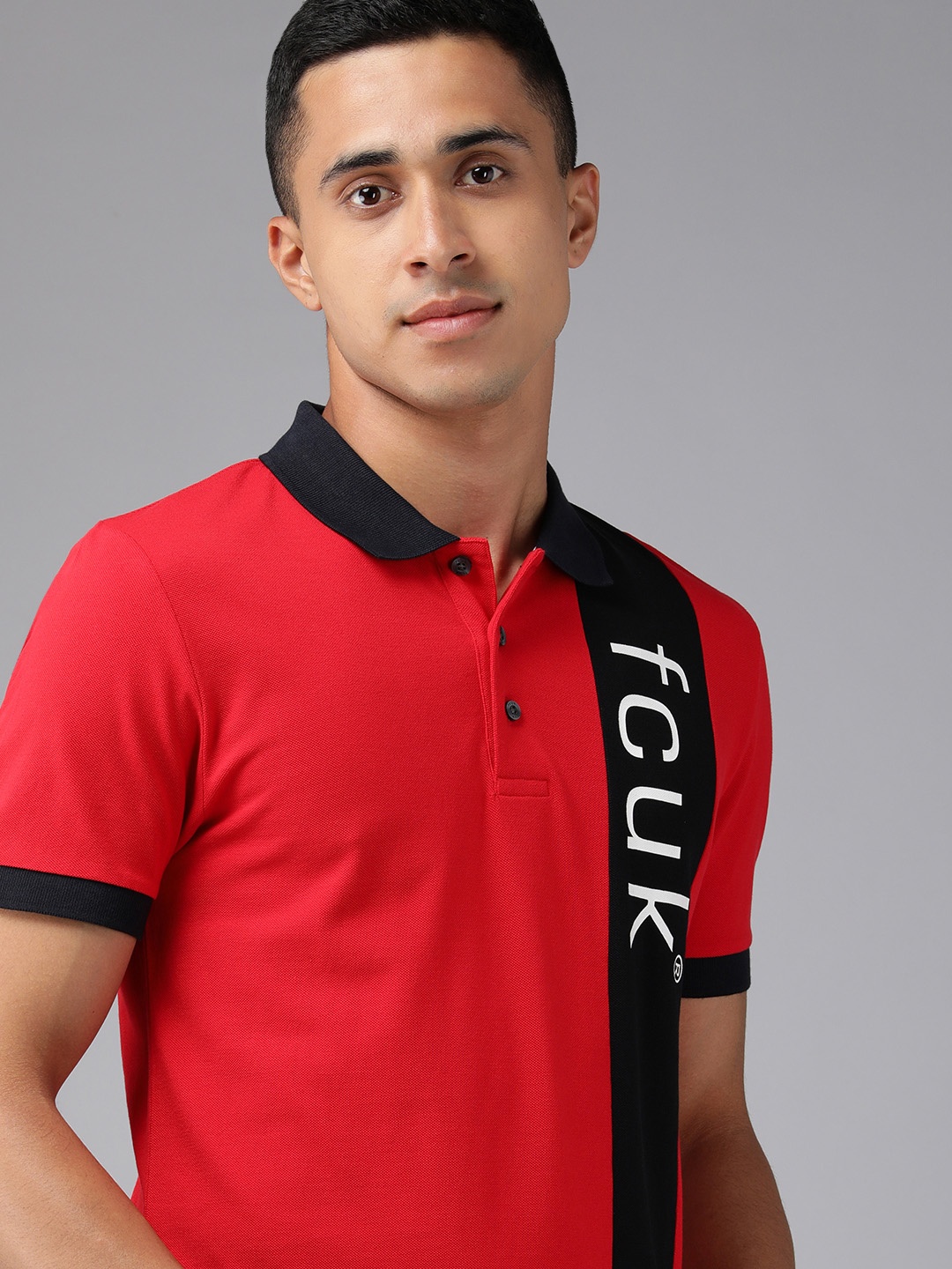 

French Connection Men Red & Black Printed Polo Collar Slim Fit Casual T-shirt
