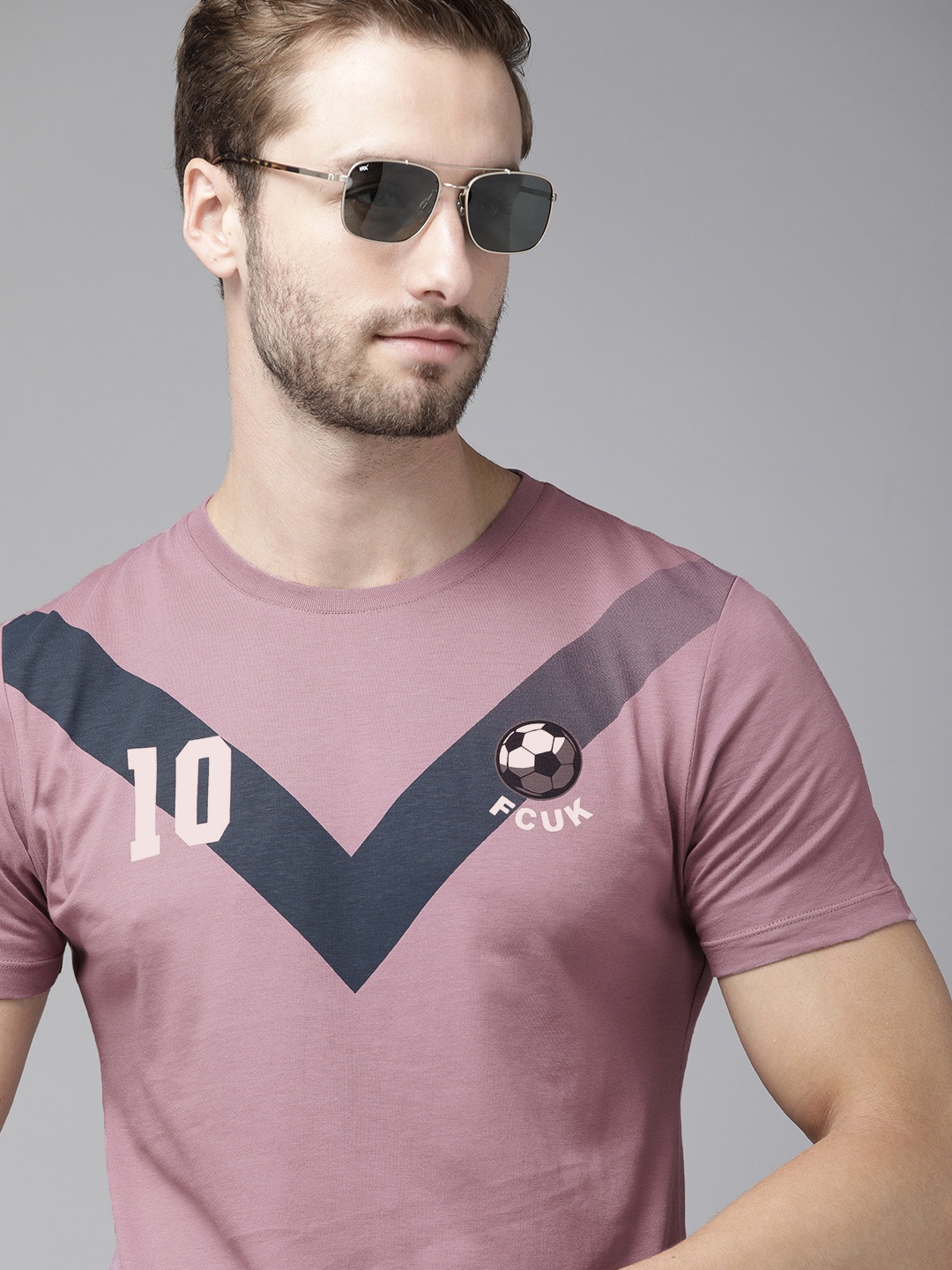

French Connection Men Mauve Printed Pure Cotton Slim Fit T-shirt