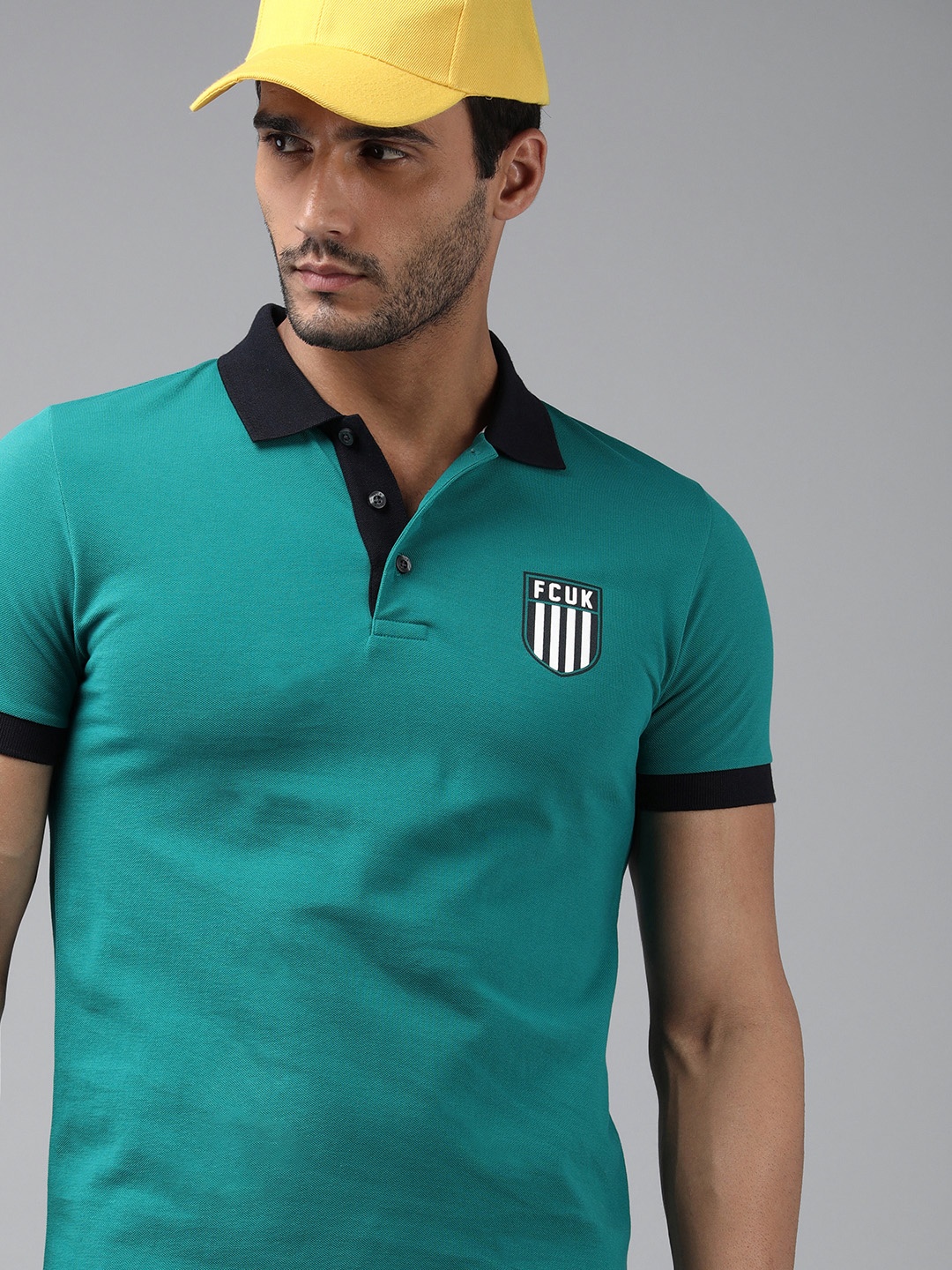 

French Connection Men Teal Green Brand Logo Printed Polo Pure Cotton Slim Fit T-shirt