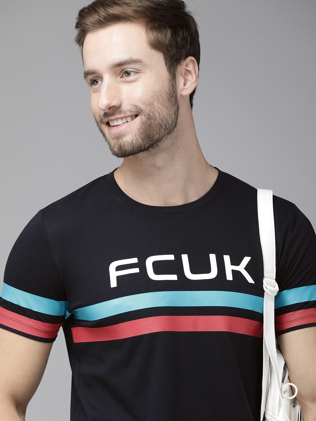 

French Connection Men Navy Blue Printed Pure Cotton Slim Fit T-shirt